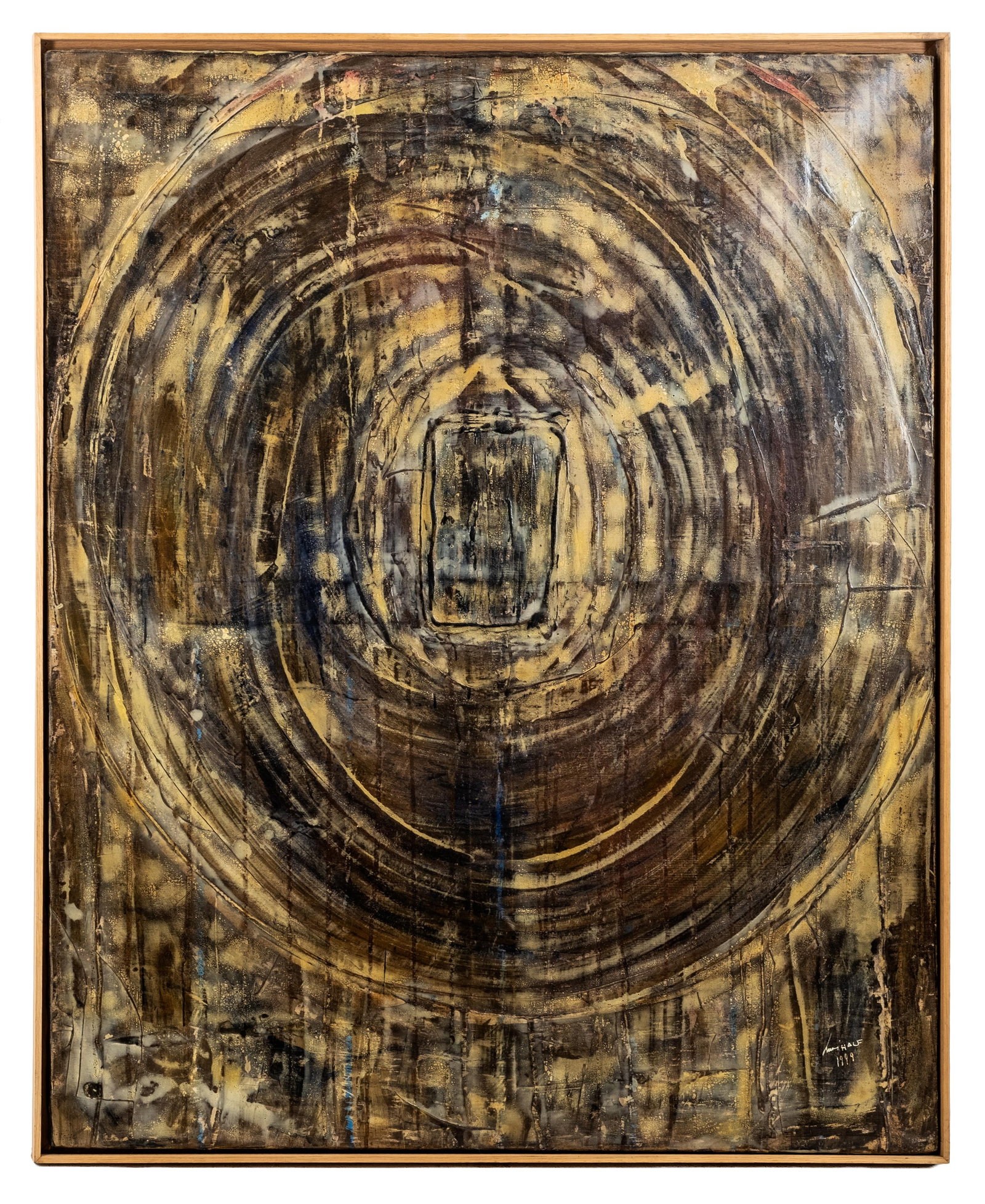 Hervé Half Signed Large Abstract French Oil on Canvas Painting, 1999: Keywords: No Reserve, contemporary art, modern abstract, concentric circles, target motif, shield form, geometric composition, textured surface, earthy palette, brown and ochre tones, statement wall a