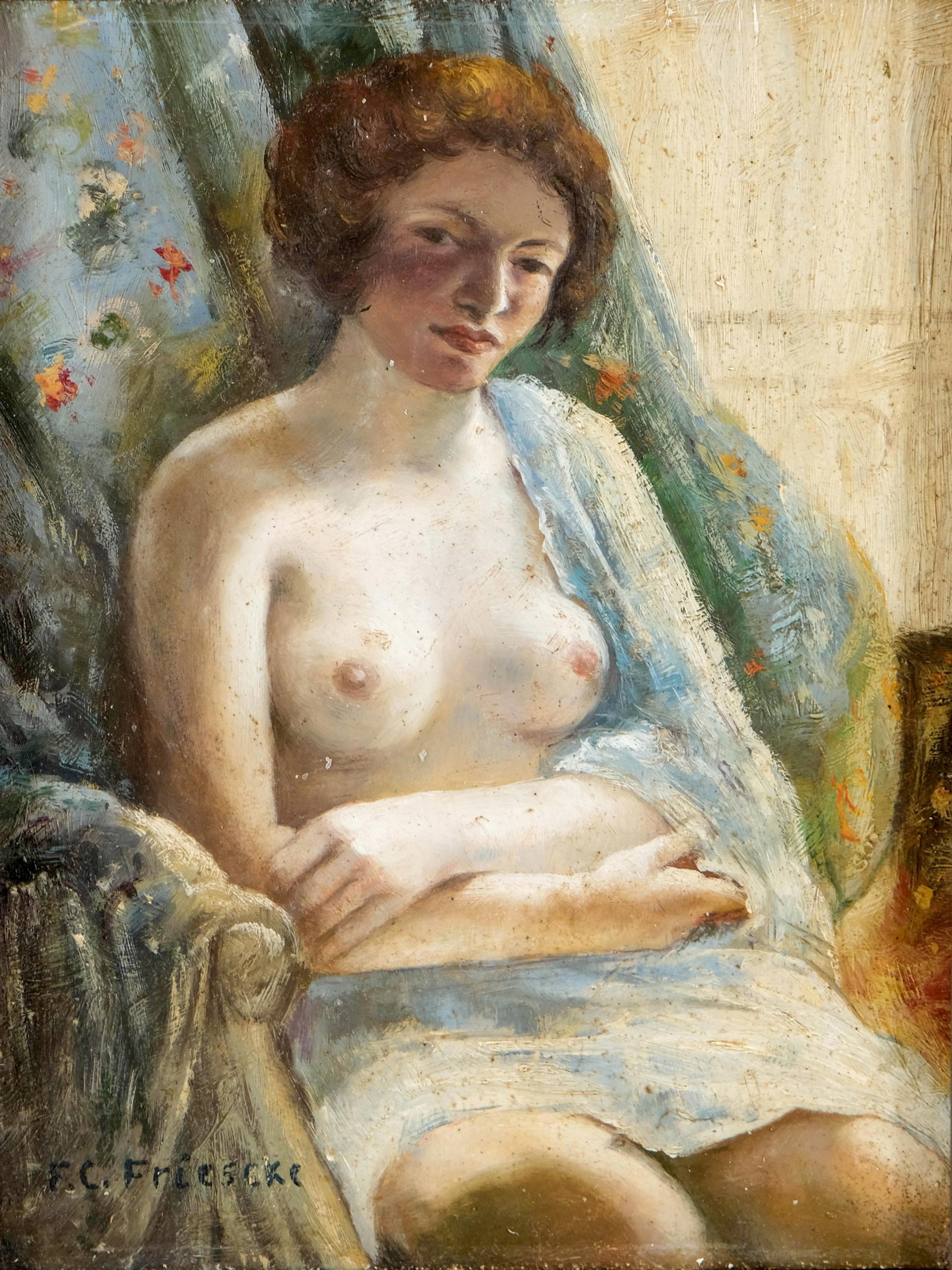 Frederick Carl Frieseke Signed Impressionist Oil Painting: Keywords: NO RESERVE, American impressionism, Giverny school, nude figure, seated female, interior scene, blue drapery, floral curtain, light palette, loose brushwork, early 20th century, panel suppor