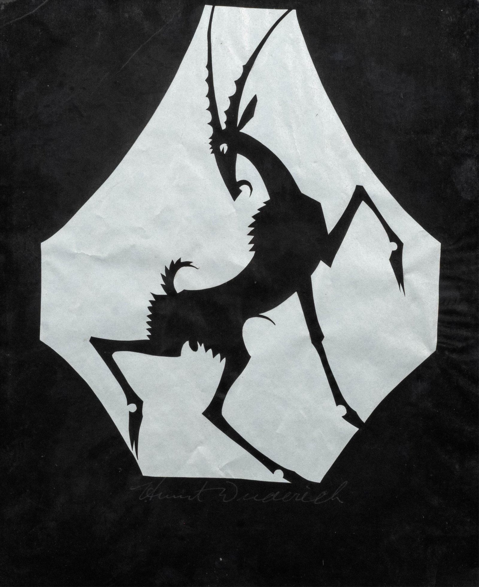 Wilhelm Hunt Diederich Art Deco Ibex Silhouette Cut Paper on Silver Ground, Signed: Keywords: Art Deco, silver ground, animal study, modernist design, signed work, framed paper art, wildlife subject Summary: Wilhelm Hunt Diederich (1884–1953) cut paper silhouette depicting an ibex 