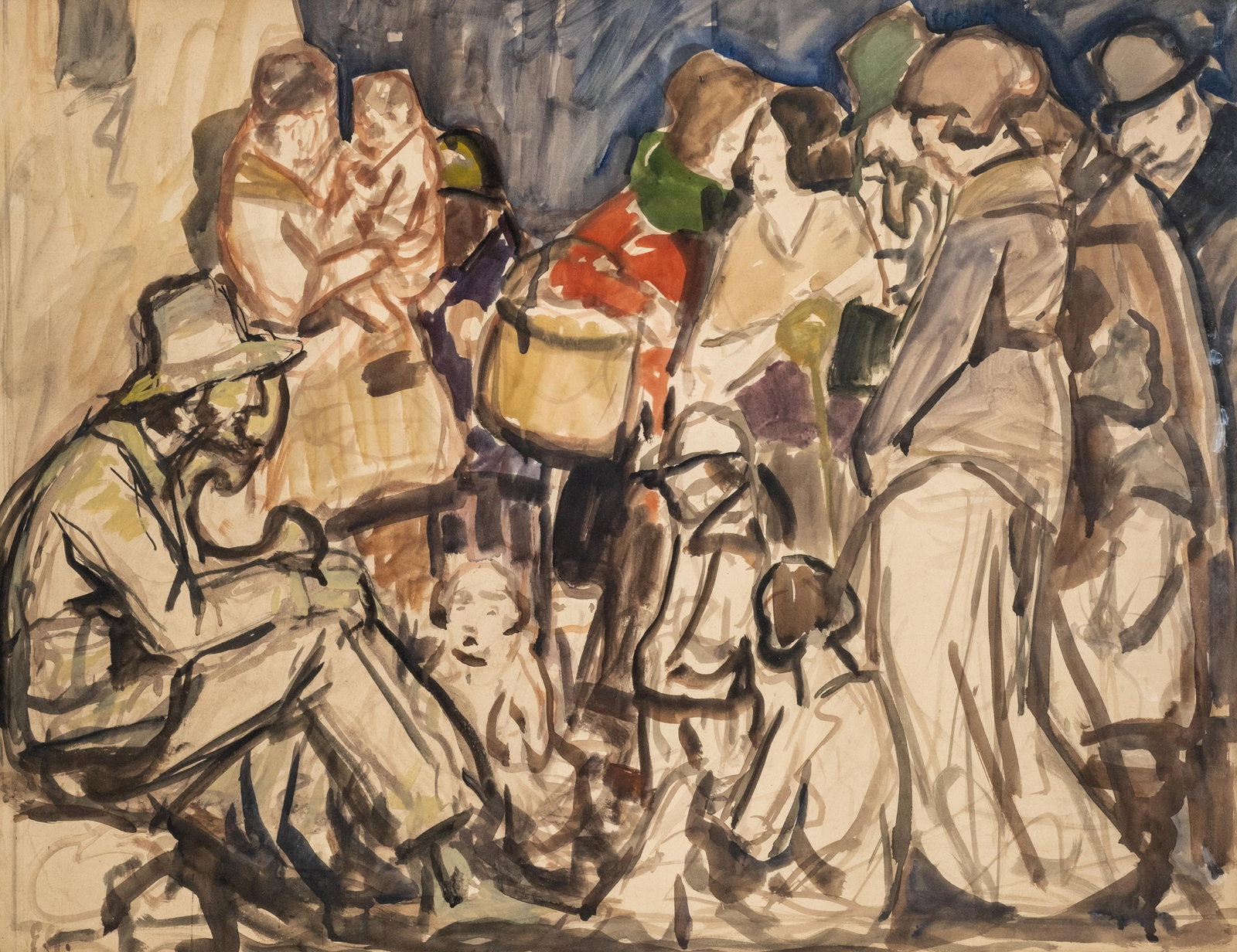 Monogrammed Early 20th Century Market Scene Watercolor Painting (1 of 11)
