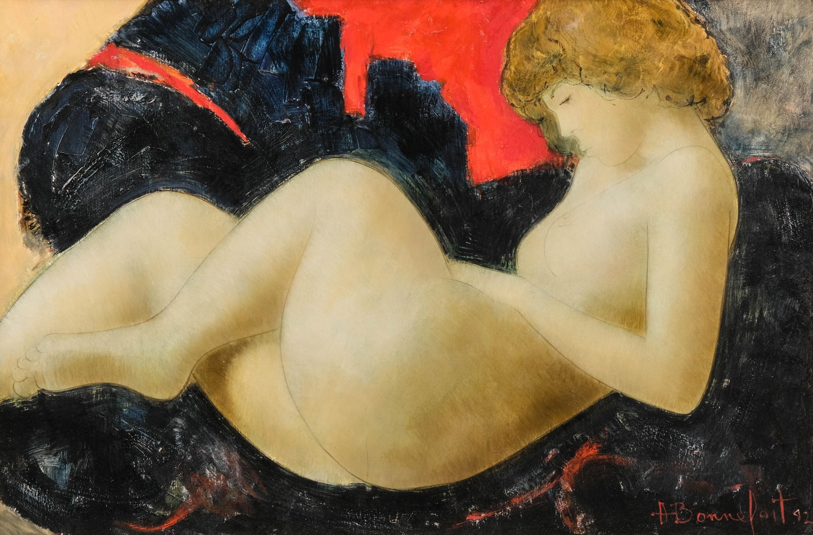 Alain Bonnefoit Signed and Dated Fannette Large Oil on Canvas Painting With Gallery Label: Keywords: modern European, female figurative art, French contemporary school, sfumato modeling, chiaroscuro, late 20th-century, reclining nude Summary: Alain Bonnefoit "Fannette" oil on canvas figural