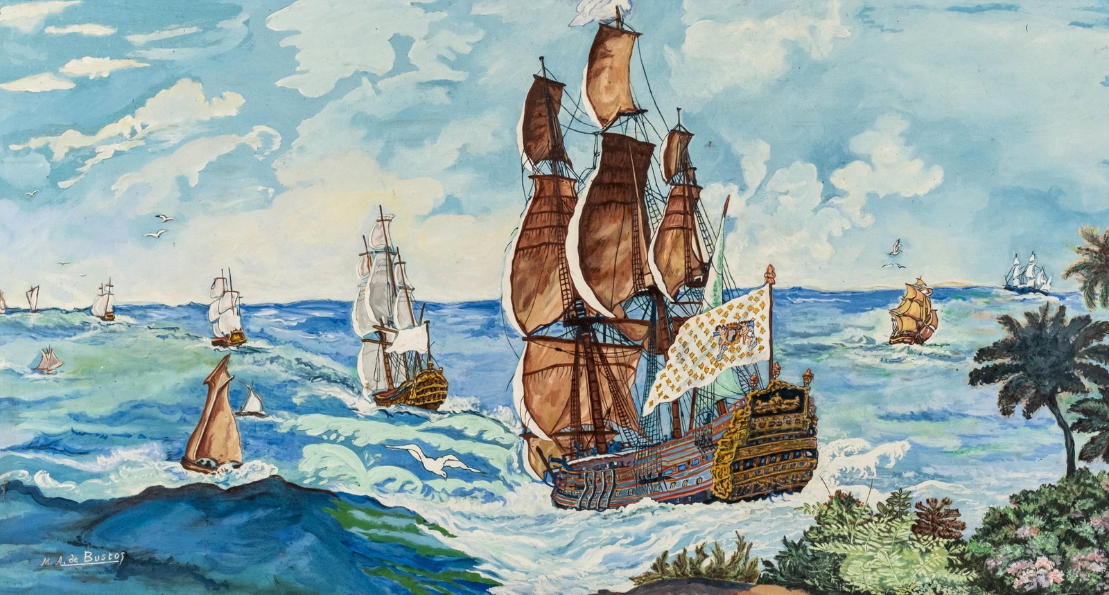 M. A. De Bustos Signed Ships at Sea Oil on Panel Painting, 20th Century (1 of 9)