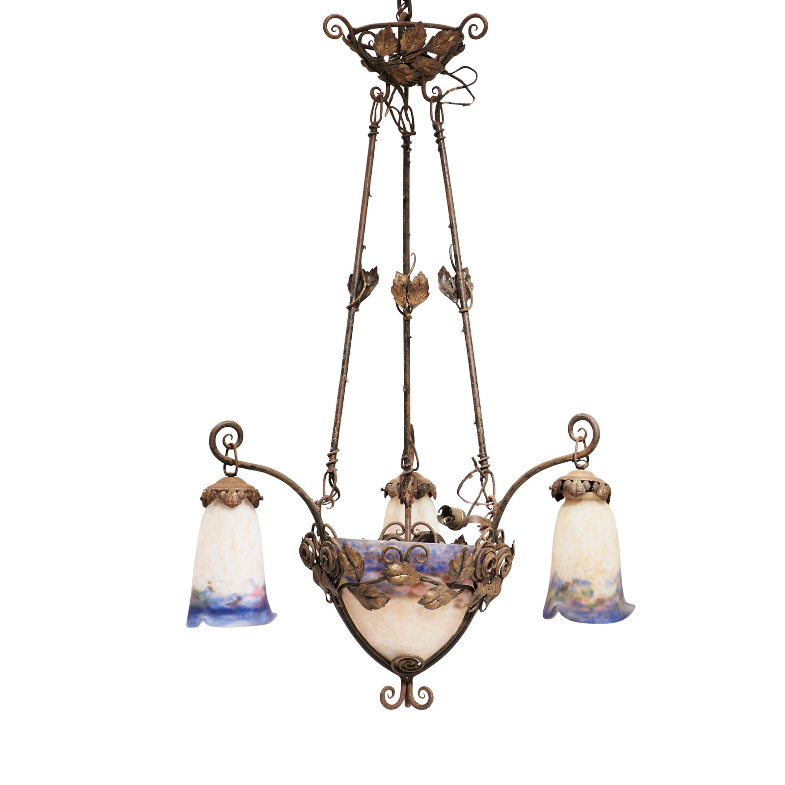 Muller Freres Pate De Verre Glass And Hand Wrought Iron Art Nouveau Chandelier: Keywords: NO RESERVE, Metal Chandelier, Early 20th Century, Ceiling Fixture, Hand-Wrought, Art Nouveau, Art glass Summary: Signed Muller Freres, Pate de Verre glass, and hand-wrought Art Nouveau metal
