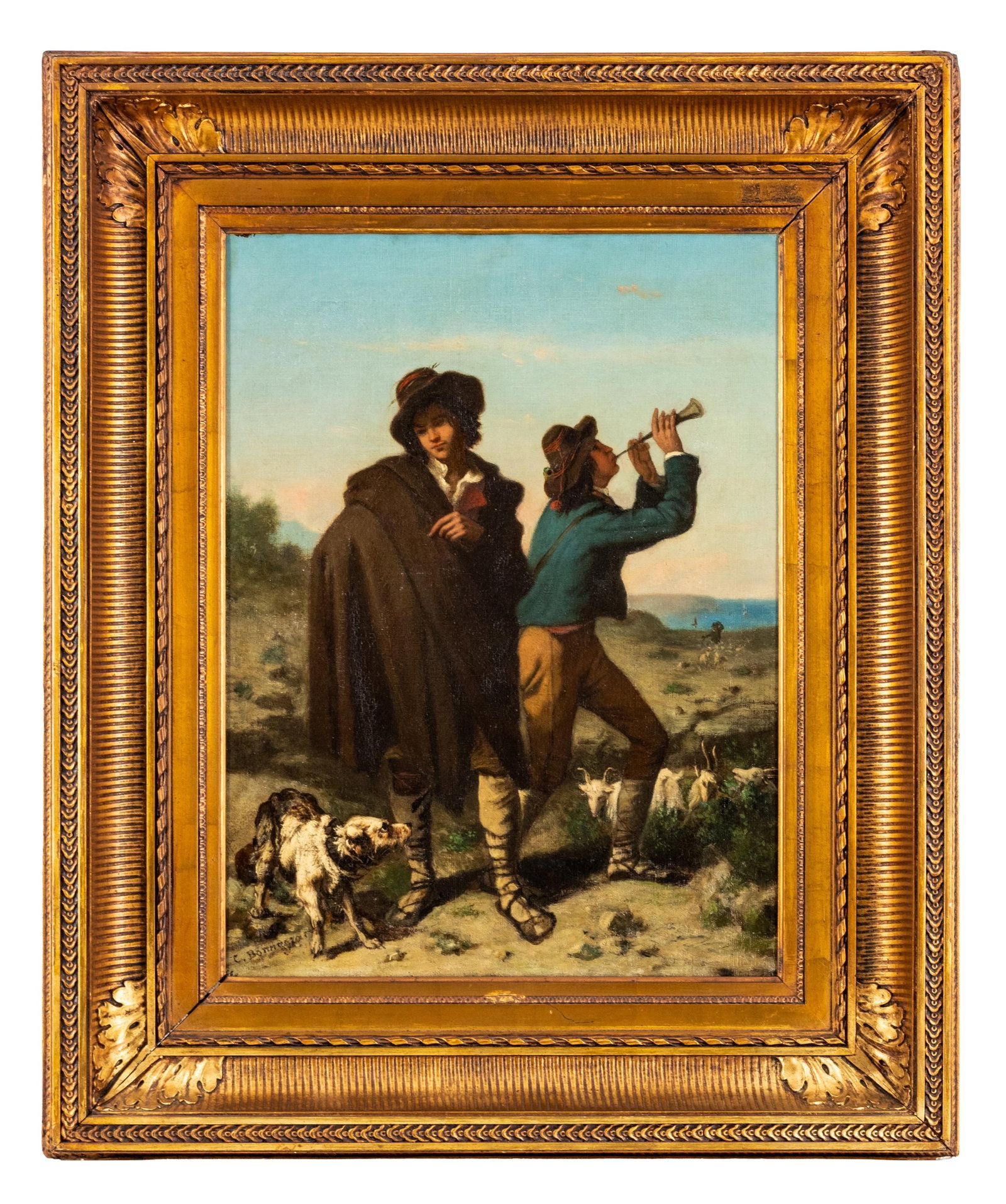 Charles Adolphe Bonnegrace French 19th Century Oil on Canvas Painting, Two Shepherds With Dog,: Keywords: No Reserve, Barbizon influence, pastoral scene, rural genre, French countryside, animal painting, shepherd genre, 19th century European art, academic realism, pastoral landscape, rustic life