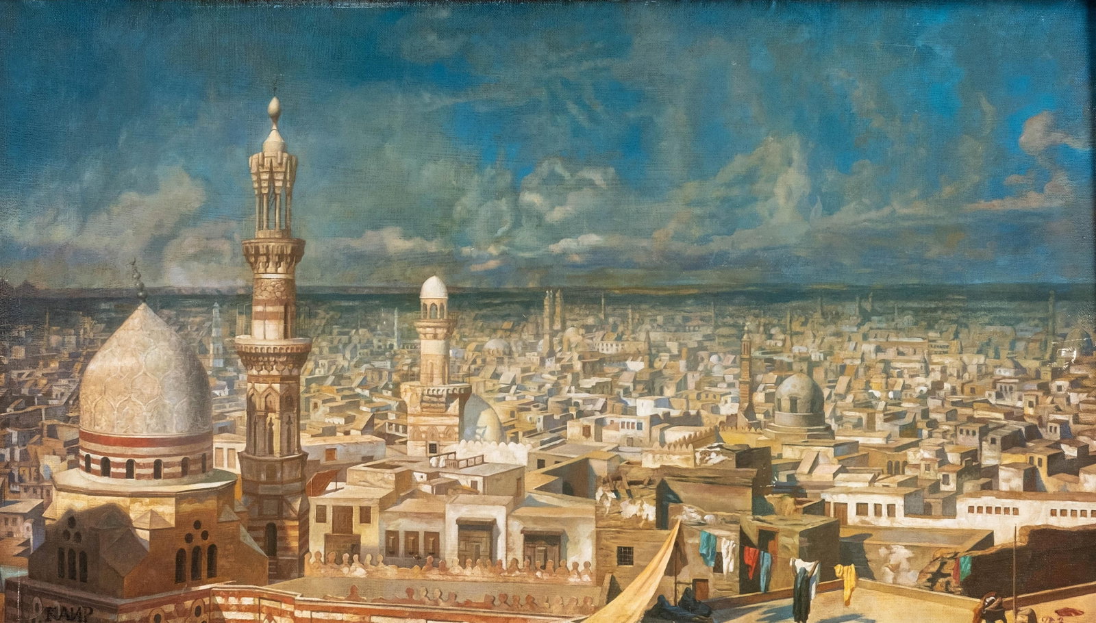 Richard Karlovich Zommer Signed Orientilist Cairo Oil on Canvas Painting: Keywords: NO RESERVE, Old Cairo, Russian artist, panoramic view, orientalist art, cityscape, Egyptian, Architecture Summary: Richard Karlovich ZOMMER (1866-1939) russian Federation *Old Cairo* signed 