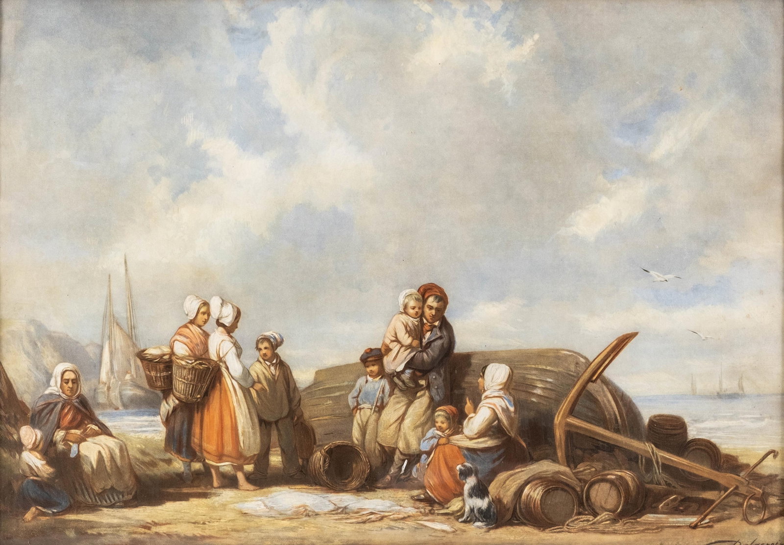 Auguste Delacroix The Return of the Fishermen Watercolor on Paper, Signed (1 of 8)