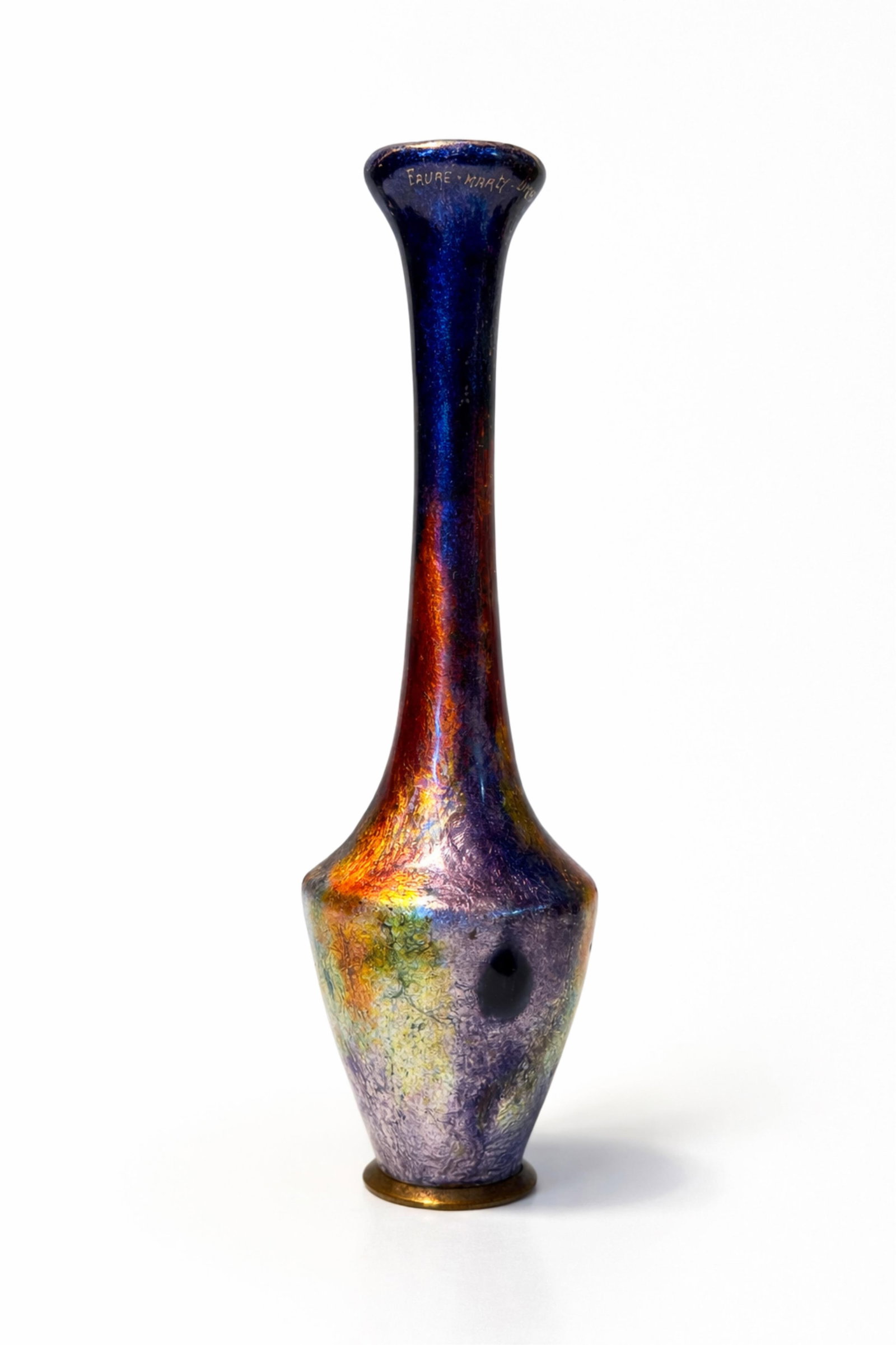 Camille FAURE & Alexandre MARTY - Limoges Enamelled Copperware Rose Vase, Art Nouveau: Keywords:NO RESERVE, Art Deco Vase, Studio Metalwork, Vivid Color Palette, French Modernist Design, Decorative Metalcraft, Avant-Garde Color Treatment, Modern Decorative Object, Center Piece Summary: 
