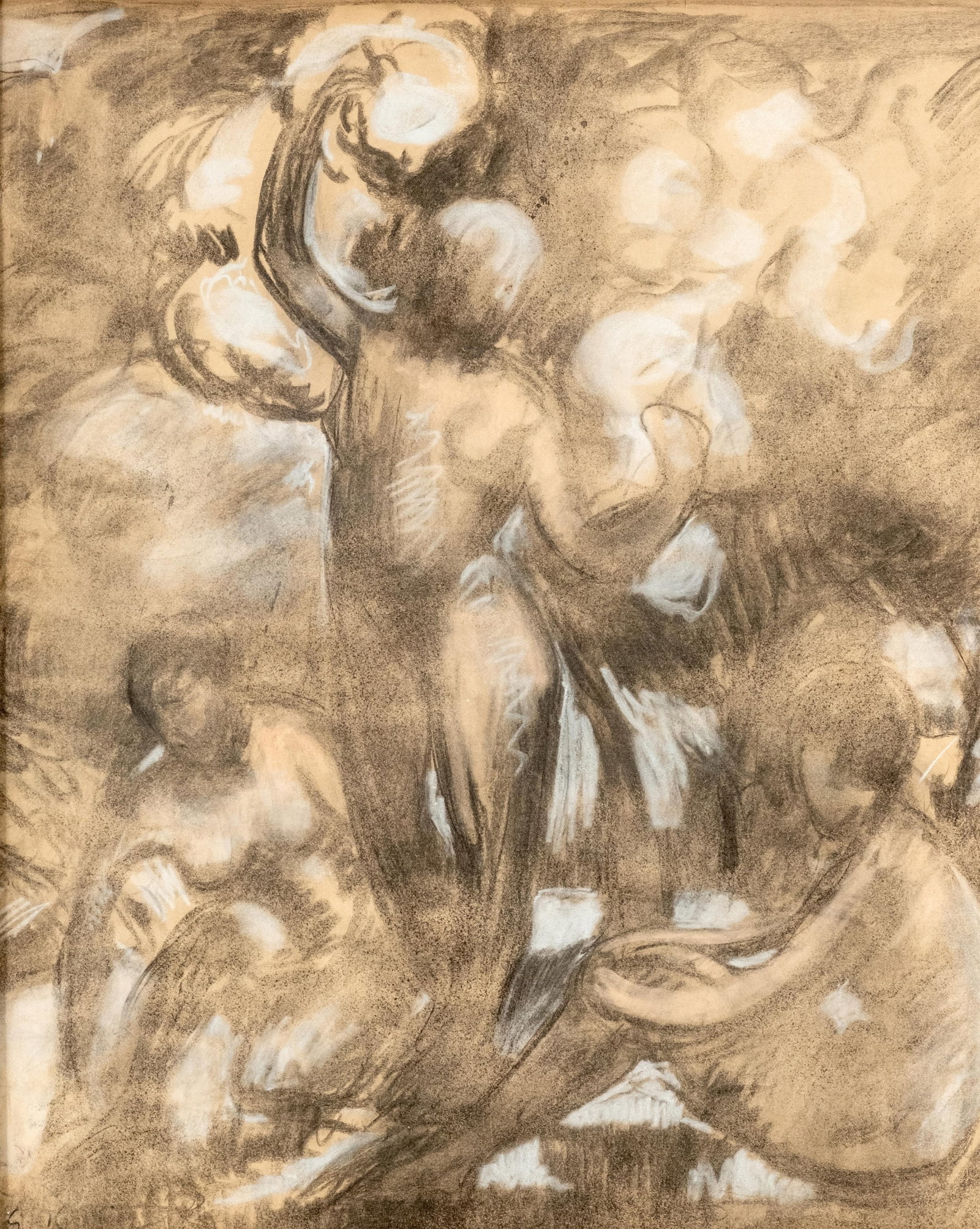 Paul-Elie Gernez Double-Sided Charcoal and Gouache Highlight Painting / Drawing: Keywords: NO RESERVE, Paul-Elie Gernez, French, double-sided drawing, charcoal, gouache highlights, modernist, figural composition, three women, landscape, clouds, twentieth century, expressive, rever