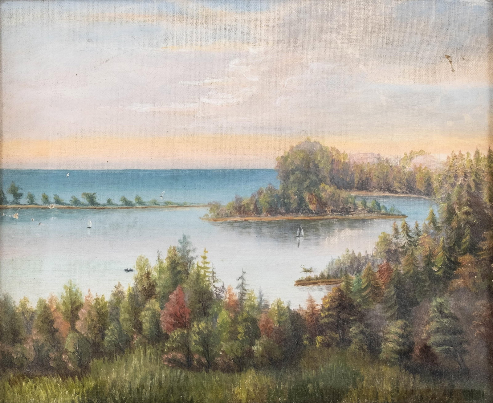 19th Century Shoreline view, Oil On Canvas Painting: Keywords:NO RESERVE, Coastal Landscape, Oil On Canvas, 19th Century, Seascape, Sailboats, Harbor View, Island Landscape, Gilt Frame, Forest Landscape, Maritime, Tonalist, Antique Painting, Decorative 