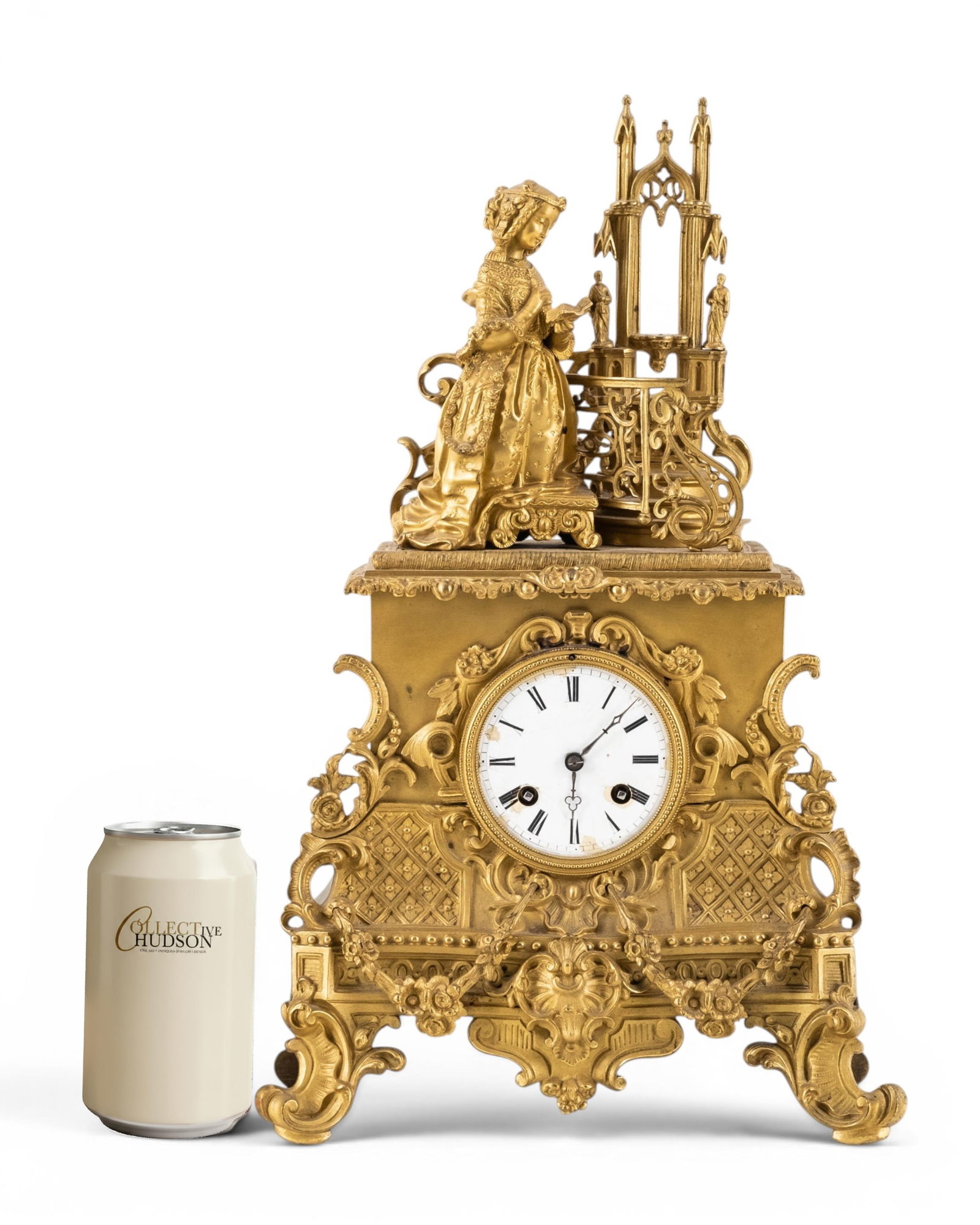 French 19th C. Gilt Bronze Clock with Praying Girl and Gothic Tower, Circa 1880 (1 of 10)