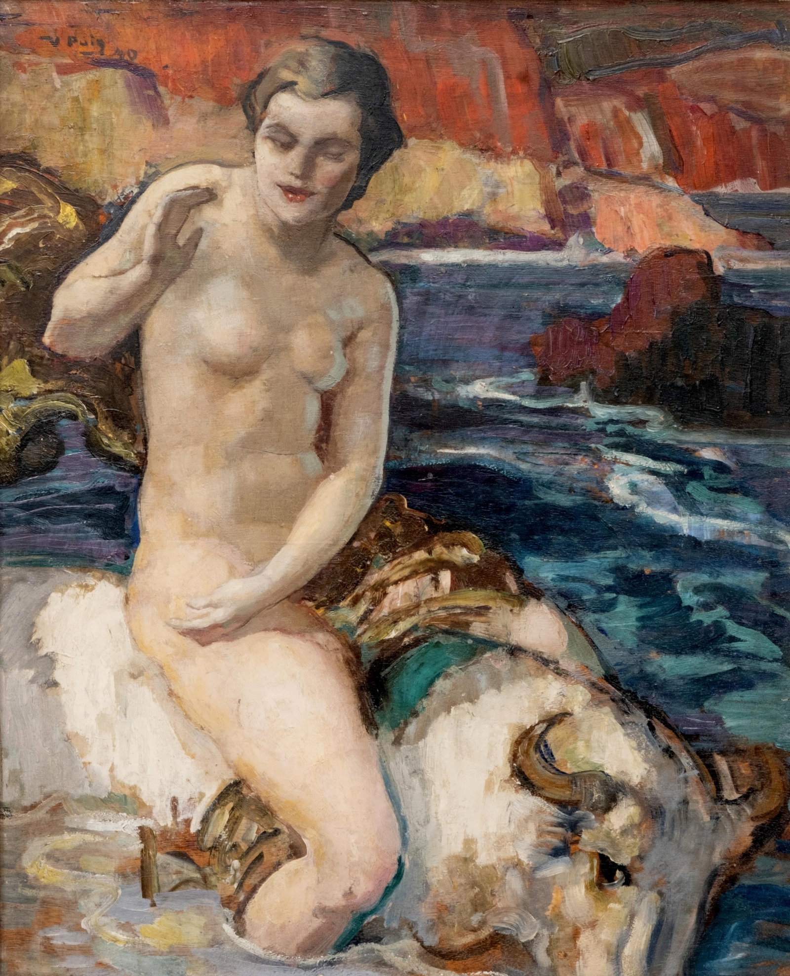 Vincente Puig, Oil Painting of Princess "Europa" Riding The God Zeus In The Form Of A Bull: Keywords: Listed Artist, Mythological Art, Europa and Zeus, Art Nouveau, Spanish Artist, 20th Century Painting, Fine Art, Impressionist Influence Summary: Vincente Puig signed, oil painting "Europa", 