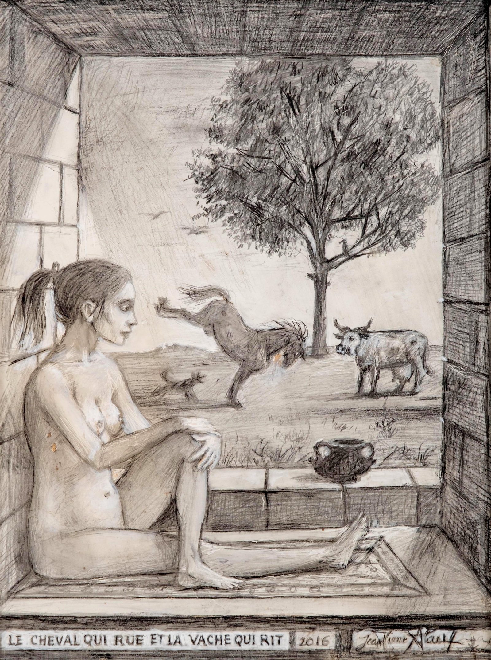 Jean-Pierre Alaux, Signed Pencil and Gouache Drawing / Painting on Panel, 2016: Keywords: No Reserve, French surrealism, contemporary art, equestrian, Contemporary art movement, Postmodern figurative drawing, Surrealist influence, Modern French school, Nude Narrative illustration
