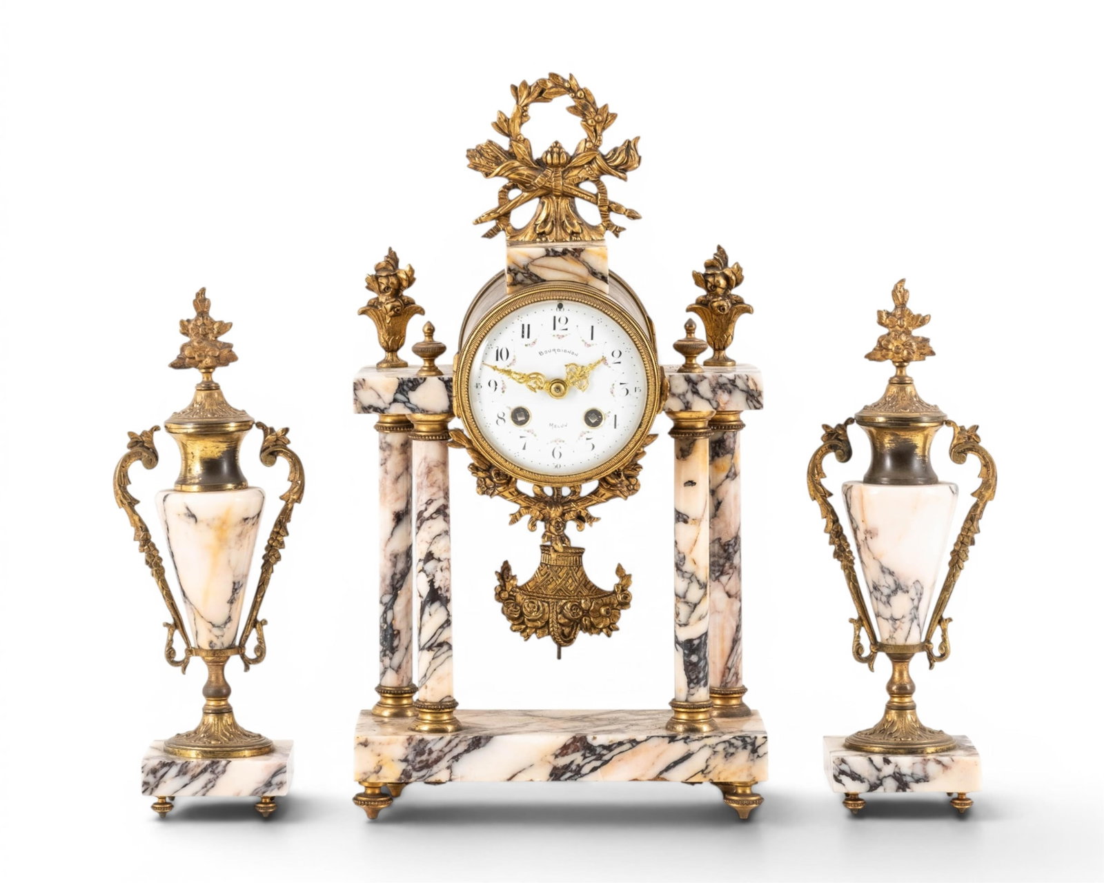 French 19th C. Louis XVI Style Marble & Bronze Clock Garniture, Signed Bourdignon Melun: Keywords: No Reserve, horology, french clockmaker, french decor, classic European decor, gilded age, Neoclassical design, Rococo revival, French Empire style, Belle Époque decorative arts, Romantic p
