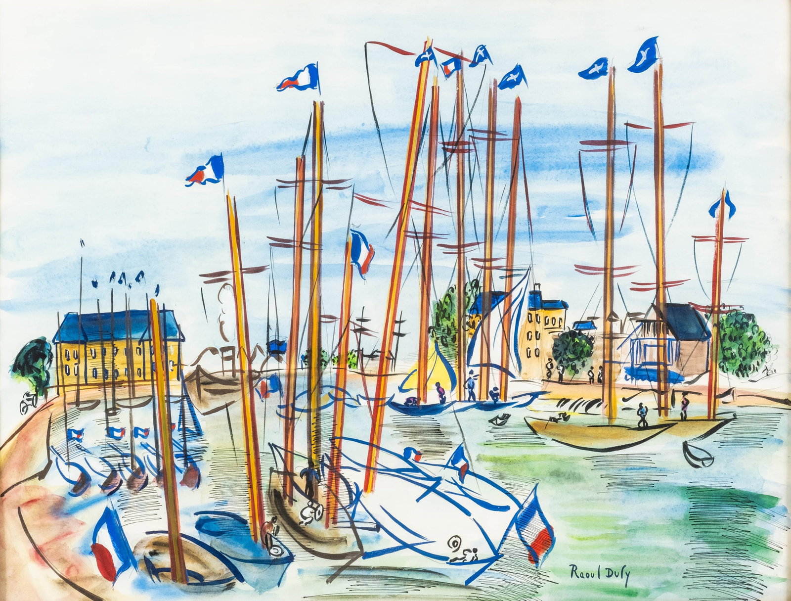 Raoul Dufy Harbor Watercolor Painting, Signed, Stuart Pivar Collection: Keywords: Dufy, Watercolor Painting, Harbor Scene, Marine Painting, Port of Deauville, French Painting, Nautical Painting, Boats, Sailboats, Colorful Painting, Modernist Painting, Signed Painting Summ