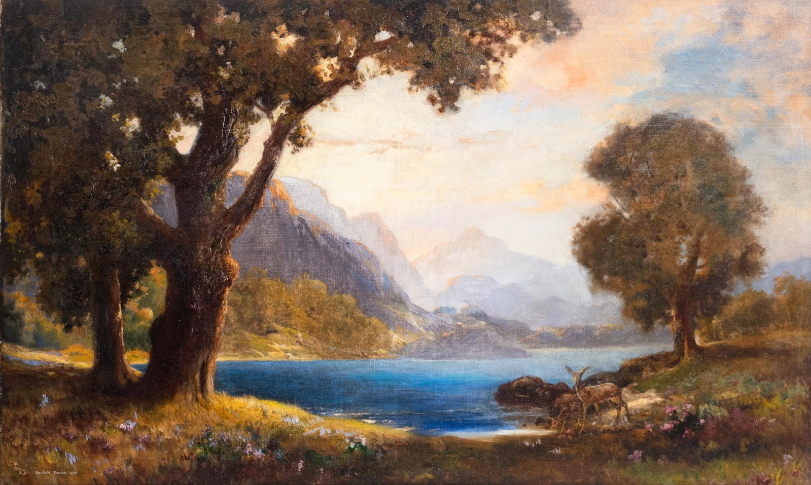 Mountain Lake Landscape Painting, 1949, Signed "Maxfield Parrish": Keywords: American illustration, luminous landscape, alpine view, lake scene, deer, shoreline, trees, mountains, twilight sky, romantic landscape, fantasy landscape, oil on canvas, framed artwork, ear