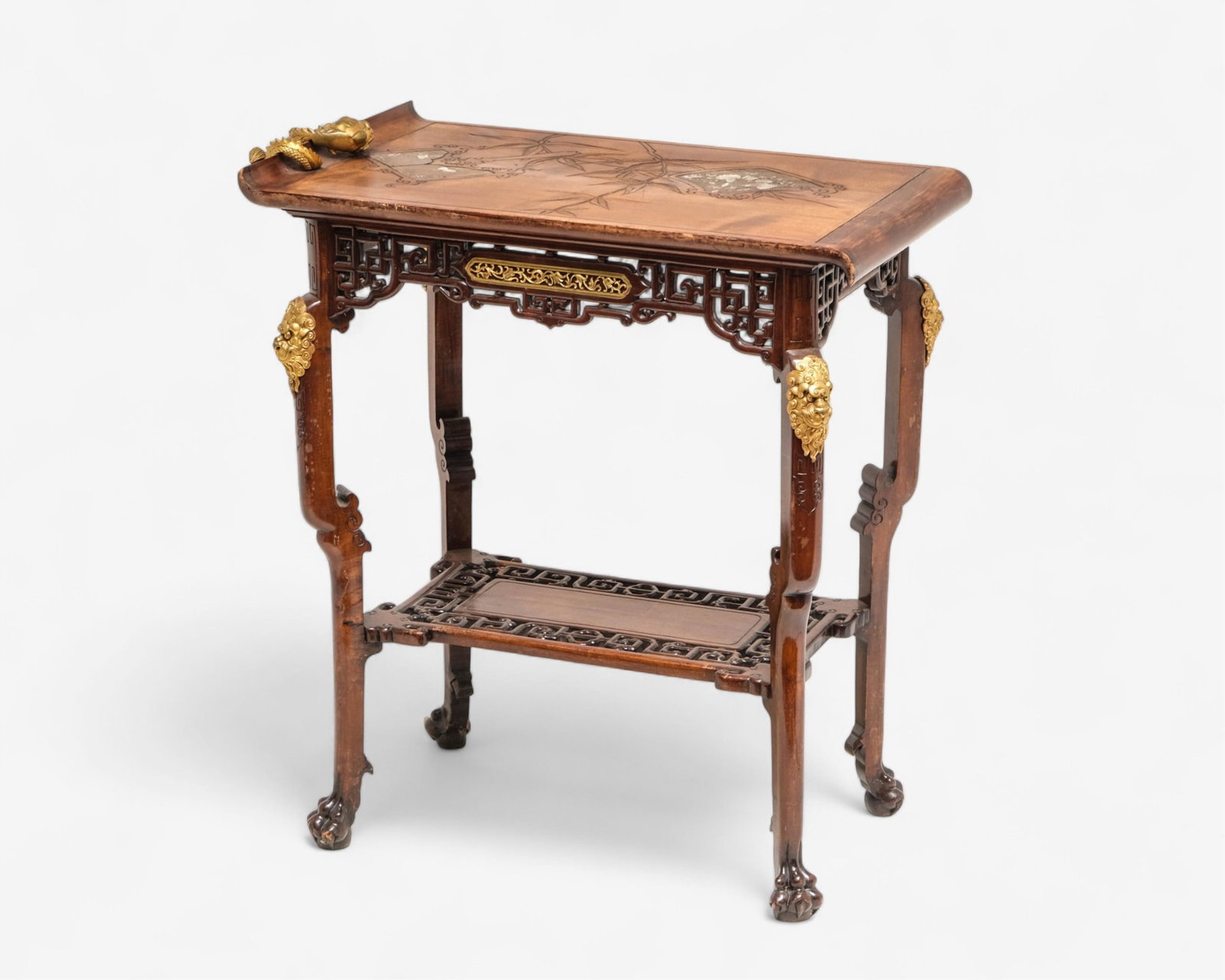 Gabriel Viardot, Orientalist Tea Table Bronze Mounted, Engraved and Carved, circa 1890: Keywords: Aesthetic Movement, Japonisme, Belle Époque, French Revival, Art Nouveau, Late 19th Century Design, mahogany, gilt bronze, circa 1890, marquetry inlay, chinoiserie motif, pierced fretwork S