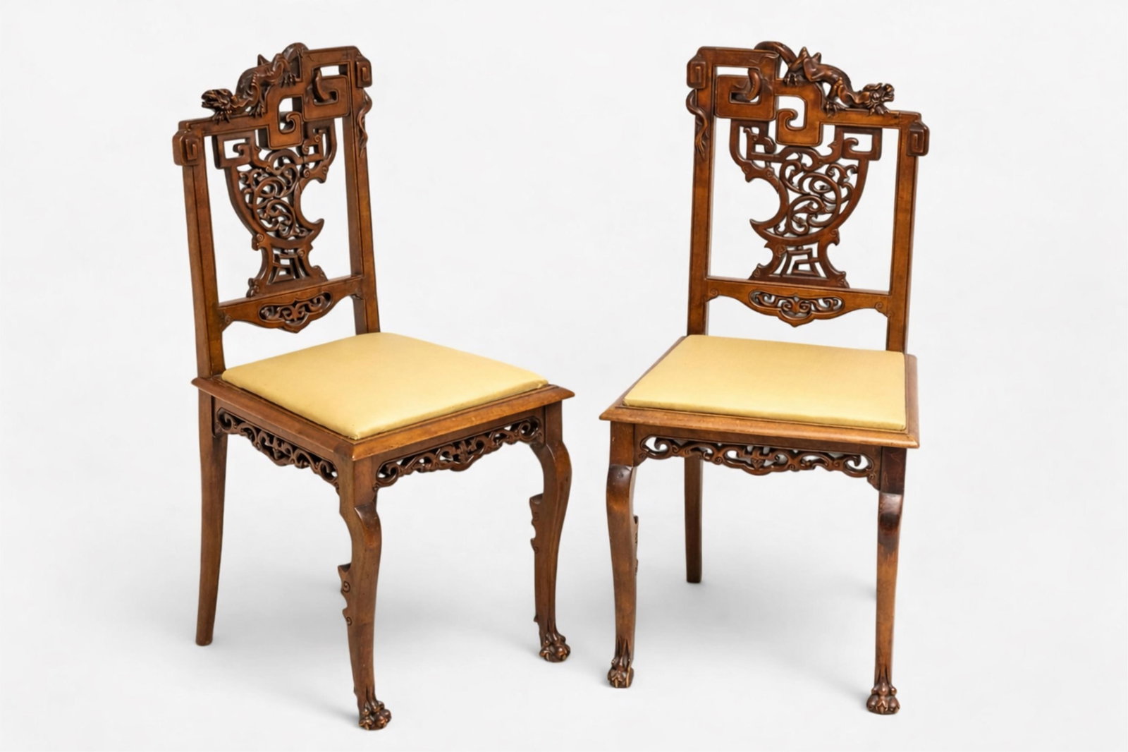 Gabriel Viardot Signed Pair Orientalist Carved Mahogany Chairs, Circa 1900: Keywords: French furniture, Esthetic Movement, seating, dragon motif, chinoiserie, 19th century seating, decorative arts, statement chairs, Orientalism, Parisian cabinetmaker, Japonisme movement, Orie