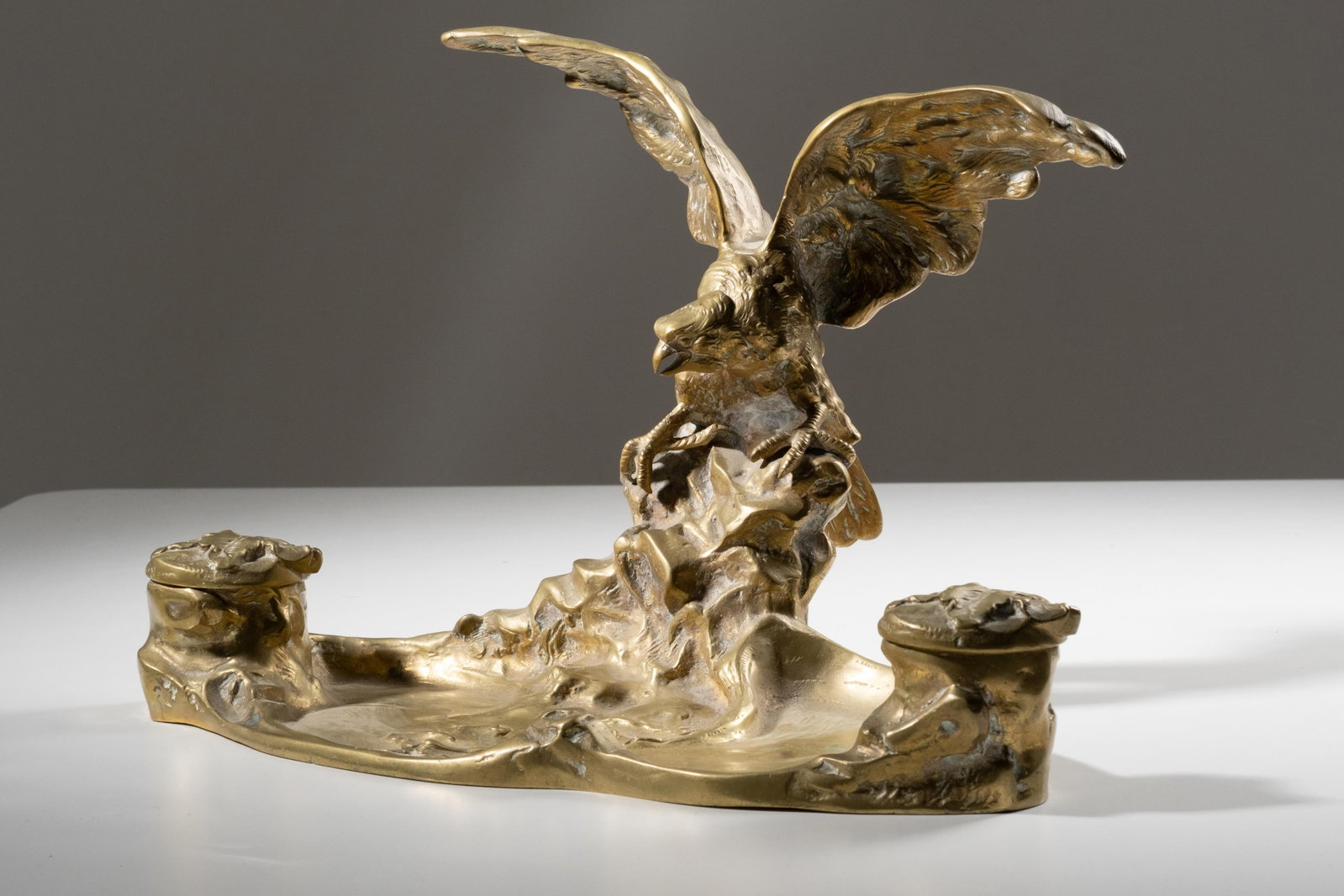 Albert Marionnet, Signed, Art Nouveau Gilt Bronze Eagle Inkwell, c.1900: Keywords: French, Art Nouveau, Third Republic, Paris bronzier, desk set, writing table, double well, ormolu doré, patinated bronze, decorative arts, office accoutrement, collectible stationery Summar