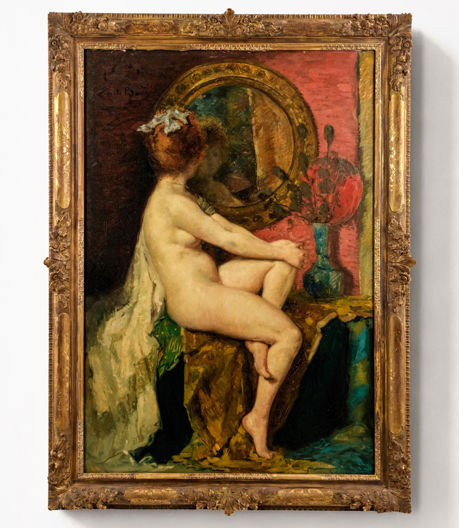 Emile Baes Large Academic Nude Oil on Canvas Painting, Circa 1900, Signed: Keywords: antique nude oil painting, early 20th century art, Belle Époque painting, Belgian artist, fine art, oil on canvas, classical realism, Art Nouveau, salon painting, romantic interior scene, c