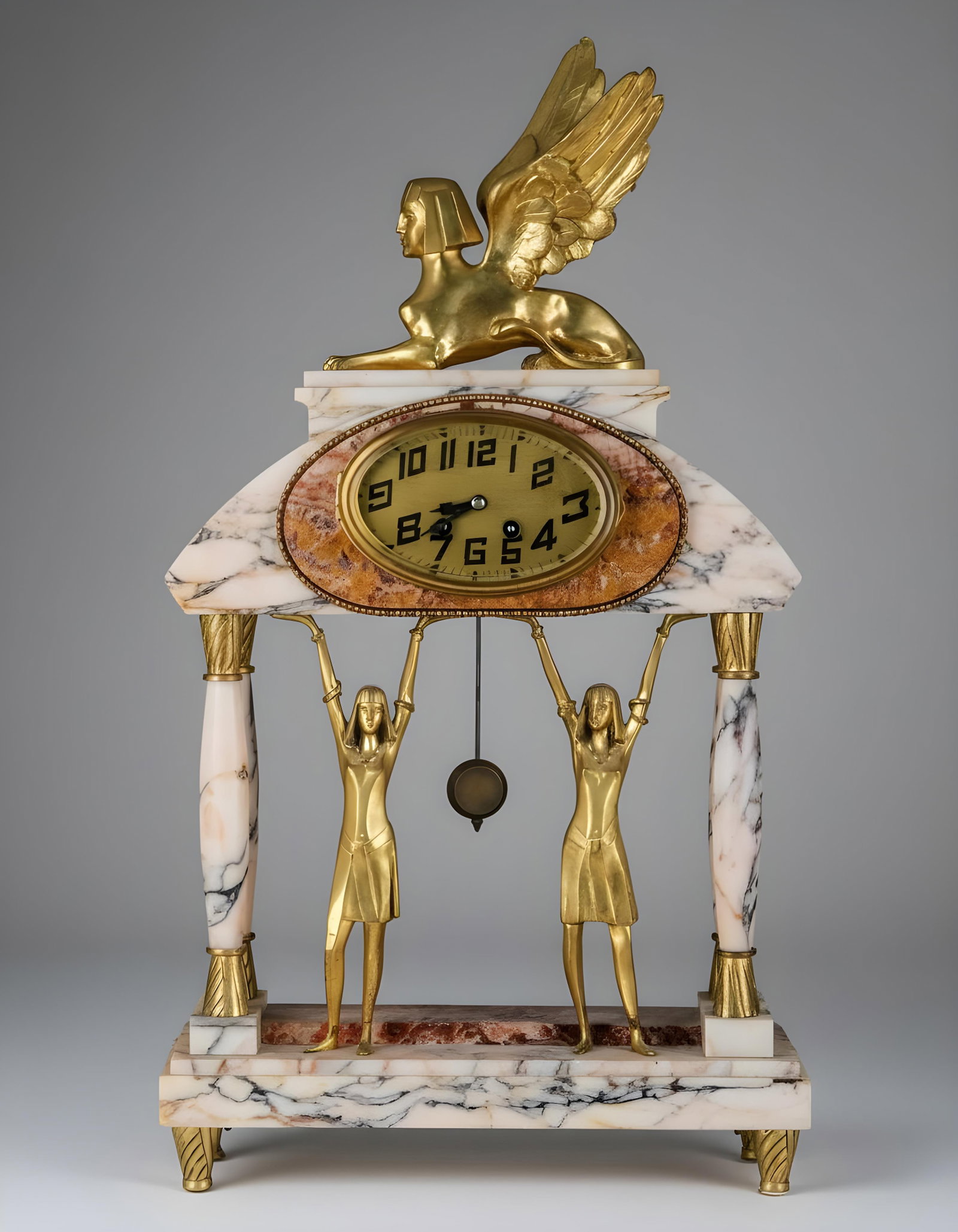 Art Deco 26-inch Mantel Clock Bronze and Marble With Egyptian Revival Sculptures. 1920's: Keywords: Art Deco, Egyptian Revival, King Tut, Jazz Age, Modernist Design, Moderne, Art Nouveau, horology, circa 1920s, sphinx motif clock, temple form architecture Summary: Egyptian Revival marble a