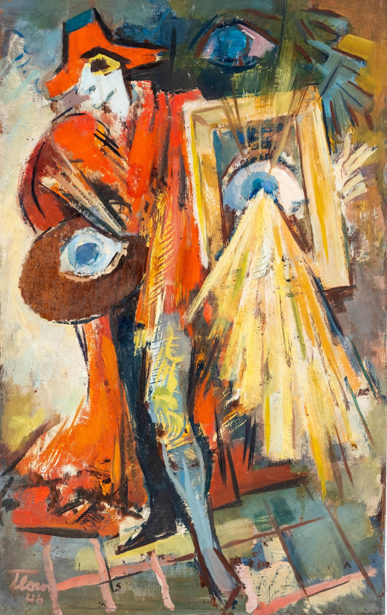 Albert Flocon, French, 1946, Signed Oil on Panel Painting “Clown Painter: Keywords: No Reserve, French Modernism, Postwar 1940s, École de Paris, figurative abstraction, Surrealist , symbolism, clown, oil on wood panel, signed artwork, impressionist Summary: Oil on wood pan
