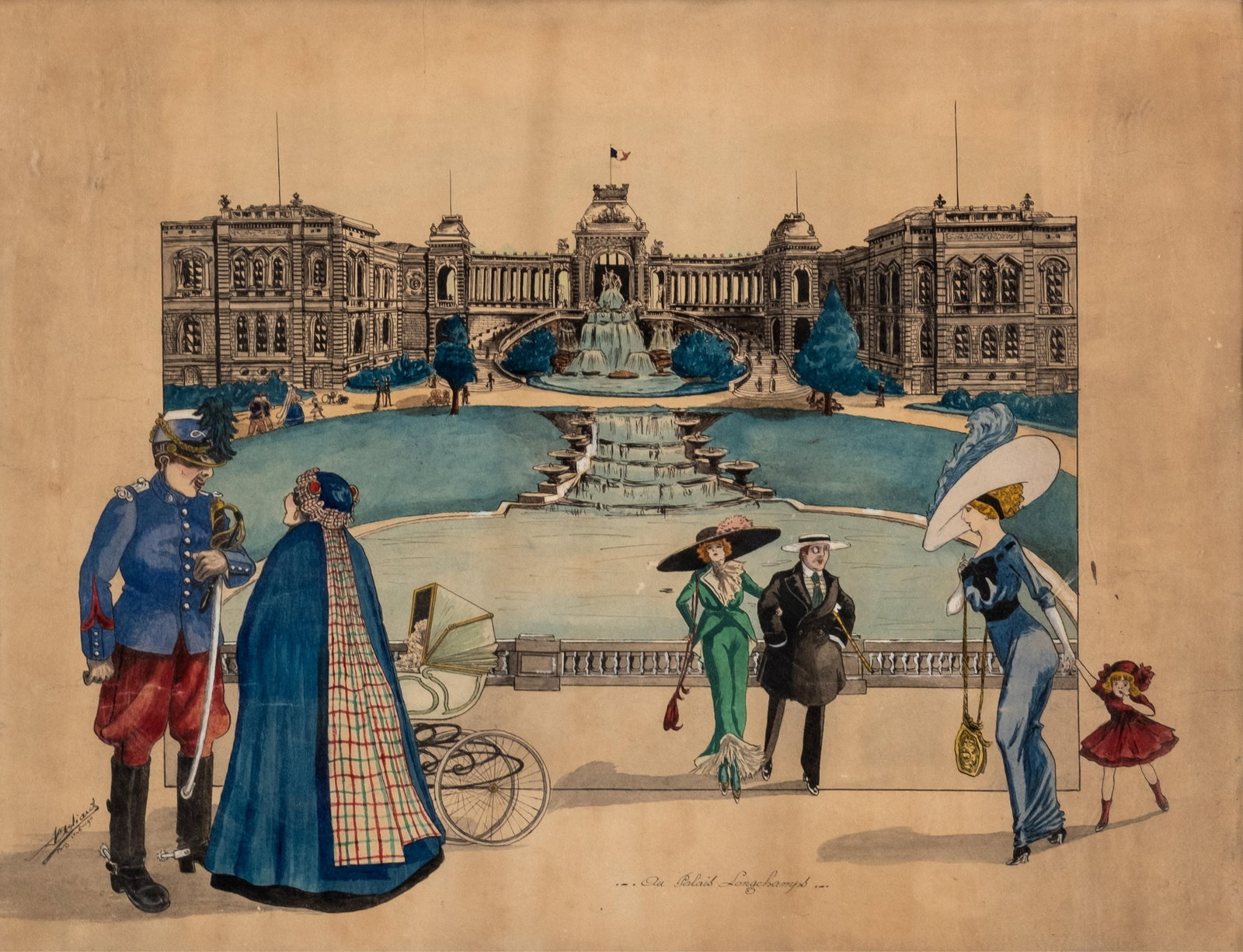 French Longchamp Palace Surrealistic Scene Watercolor Painting, Signed and Dated 1911: Keywords: Parisian social scene, Longchamp, French watercolor, early 20th century, architectural view, fashion illustration, figures in landscape, historical Paris, European works on paper Summary: Fr