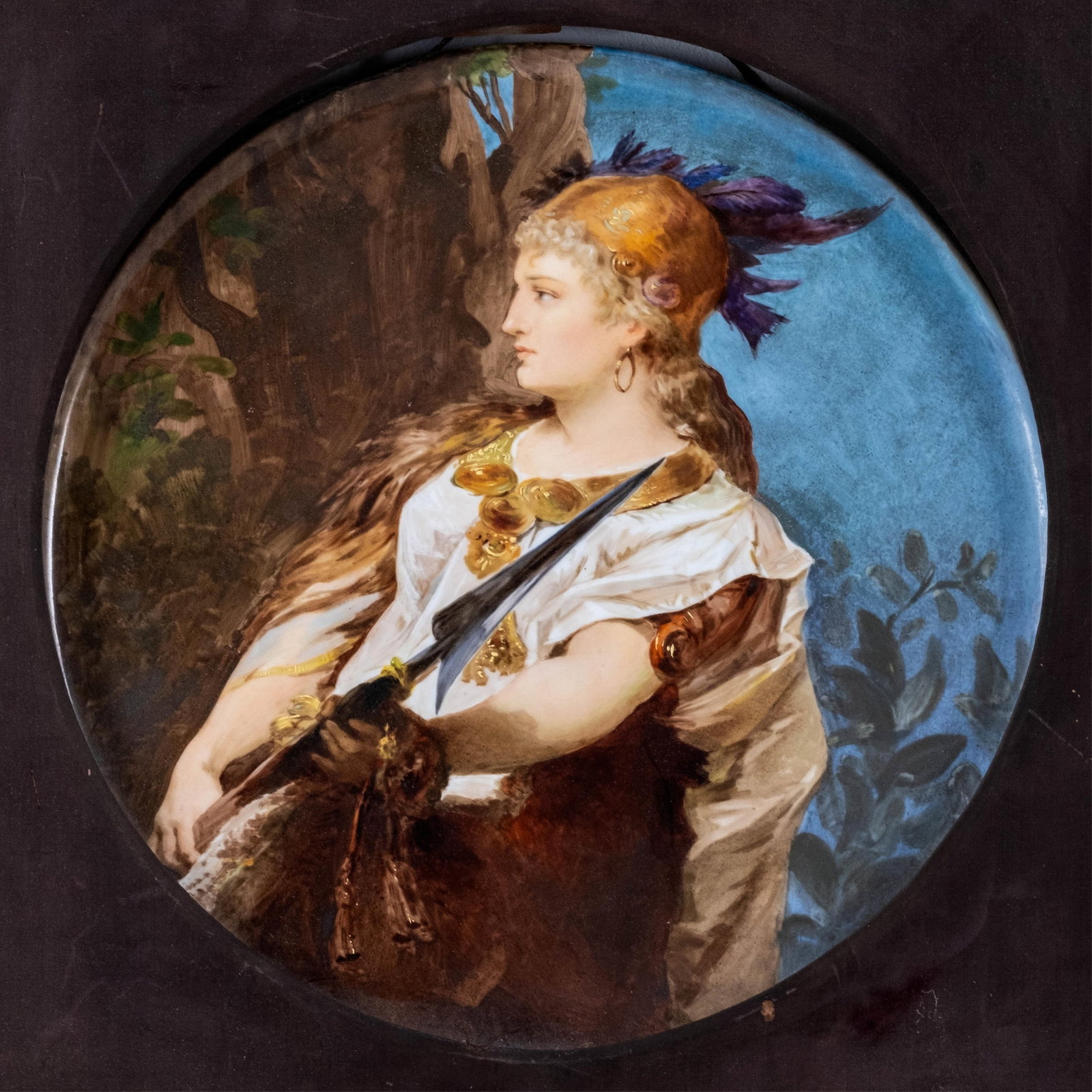 Hans Makart Austrian Late 19th Century “Die Walküre Porcelain Painting signed and titled on: Keywords: NO RESERVE, Austrian porcelain, Hans Makart, Die Walküre, Wagnerian subject, Valkyrie, late 19th century porcelain, painted porcelain plaque, circular porcelain painting, mythological subje