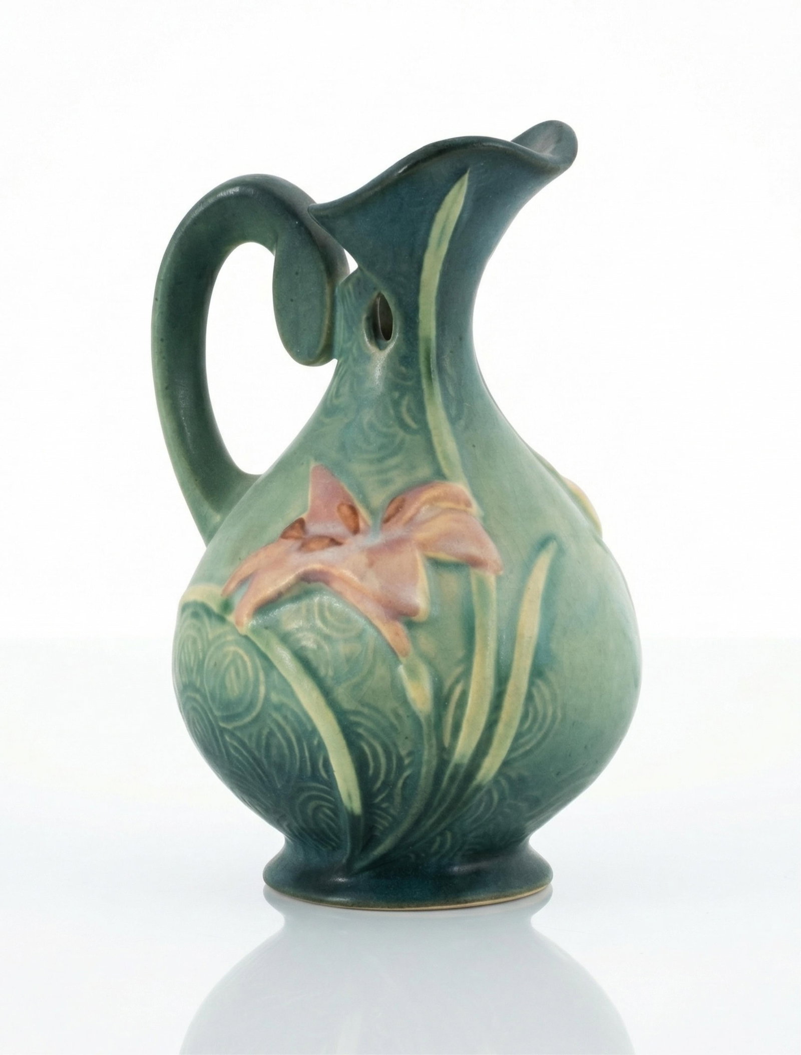 Roseville Zephyr Lily Art Pottery Ewer Vase, Circa 1946: Keywords: No Reserve, American Art Pottery, Mid-20th Century Ceramic, Matte Green Glaze, Floral Relief, Stylized Lily Motif, Sculptural Handle Form, Ohio Pottery, Decorative Pitcher Form, Postwar Desi