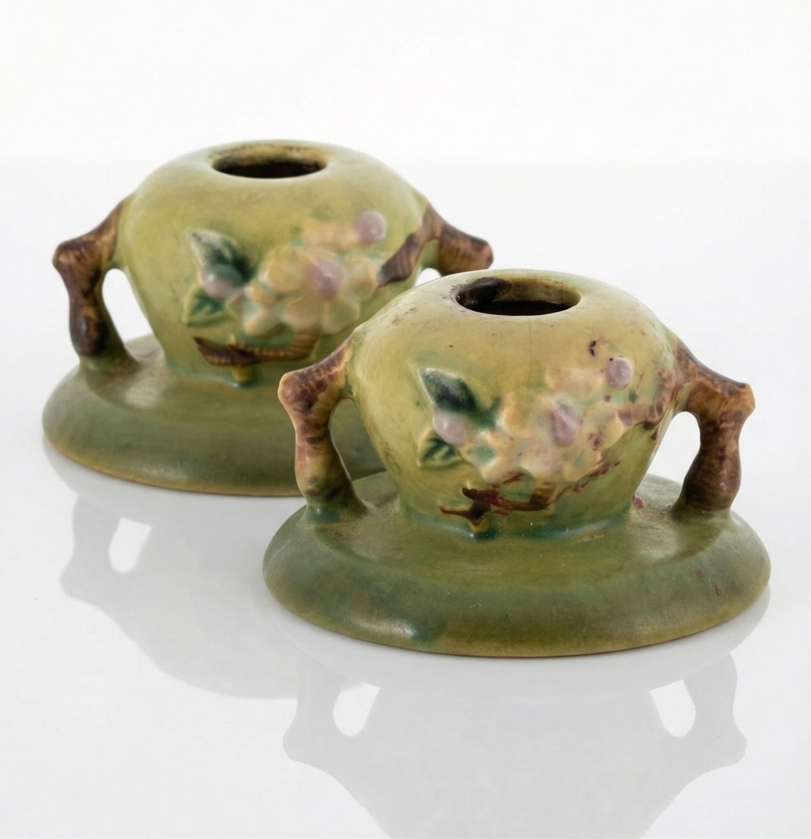 Roseville Apple Blossom Art Pottery Candlesticks, Circa 1949, Pair (1 of 6)