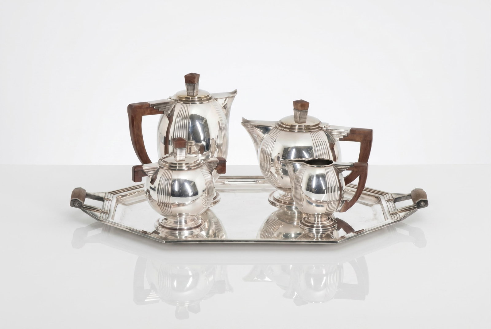 French Art Deco Silver Plated Tea Set, Circa 1930's: Keywords: NO RESERVE, tea service, coffee service, serving tray, wood handles, geometric design, machine age, modernist tableware, sugar bowl, cream jug, teapot, coffeepot, tabletop silver Summary: St