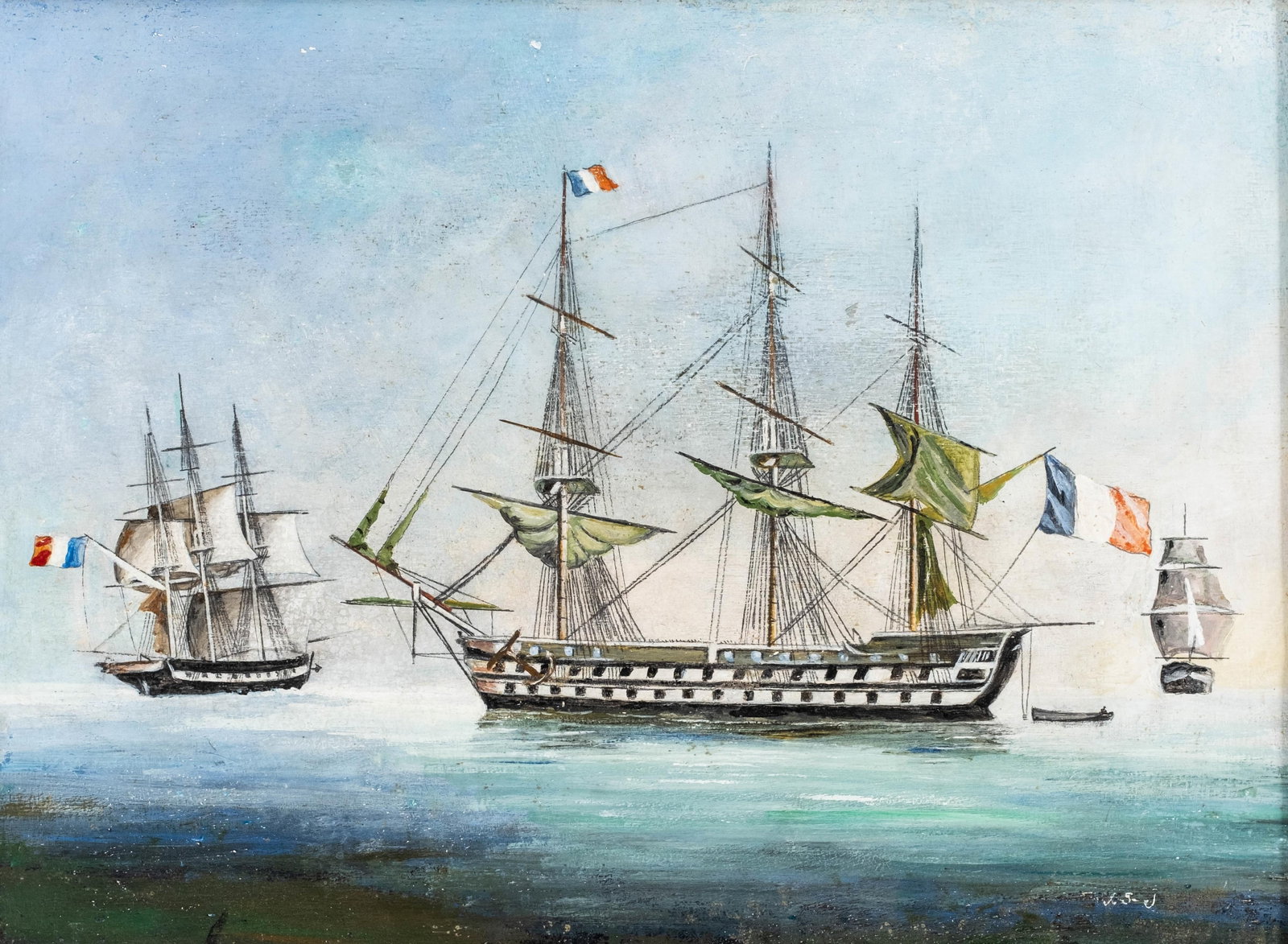 French School Monogrammed Maritime Oil Painting of Warships, 19th Century: Keywords: NO RESERVE Keywords: Maritime, Nautical, French School, French Sailboats, Oil, Monogrammed, Late 19th Century Summary: French School late 19th century maritime oil on board painting depictin