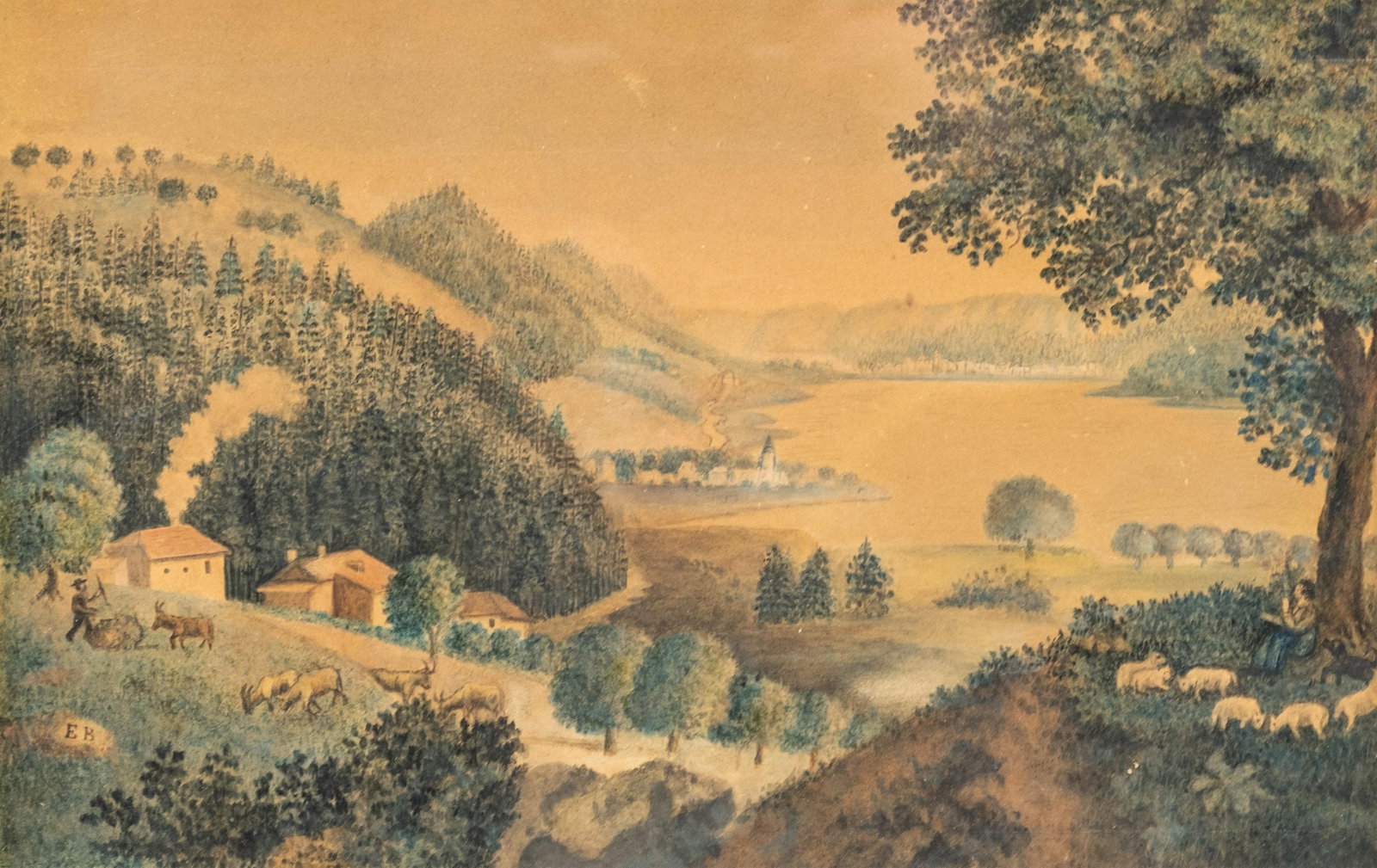19th Century School Shepherds In A Wooded Lakeside Landscape Watercolor Painting, Monogrammed EB: Keywords: pastoral scene, lake view, mountain vista, rural genre scene, livestock, cattle, sheep, farmhouse, folk art, naive landscape, European school, framed work on paper Summary: 19th century scho