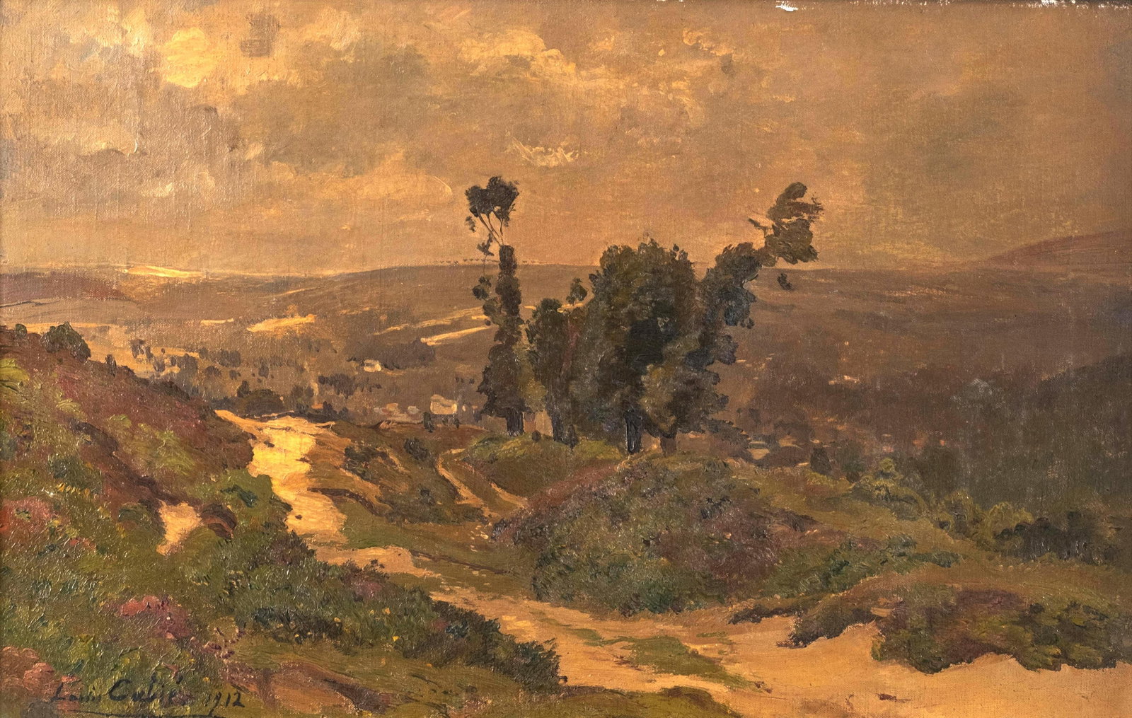 Louis Cabie Landscape Path, Oil on Canvas Painting, Signed and Dated 1912: Keywords: NO RESERVE, French landscape painting, country road scene, hillside view, trees and sky, vintage oil painting, traditional wall art, rustic landscape, framed artwork, early 20th century art 