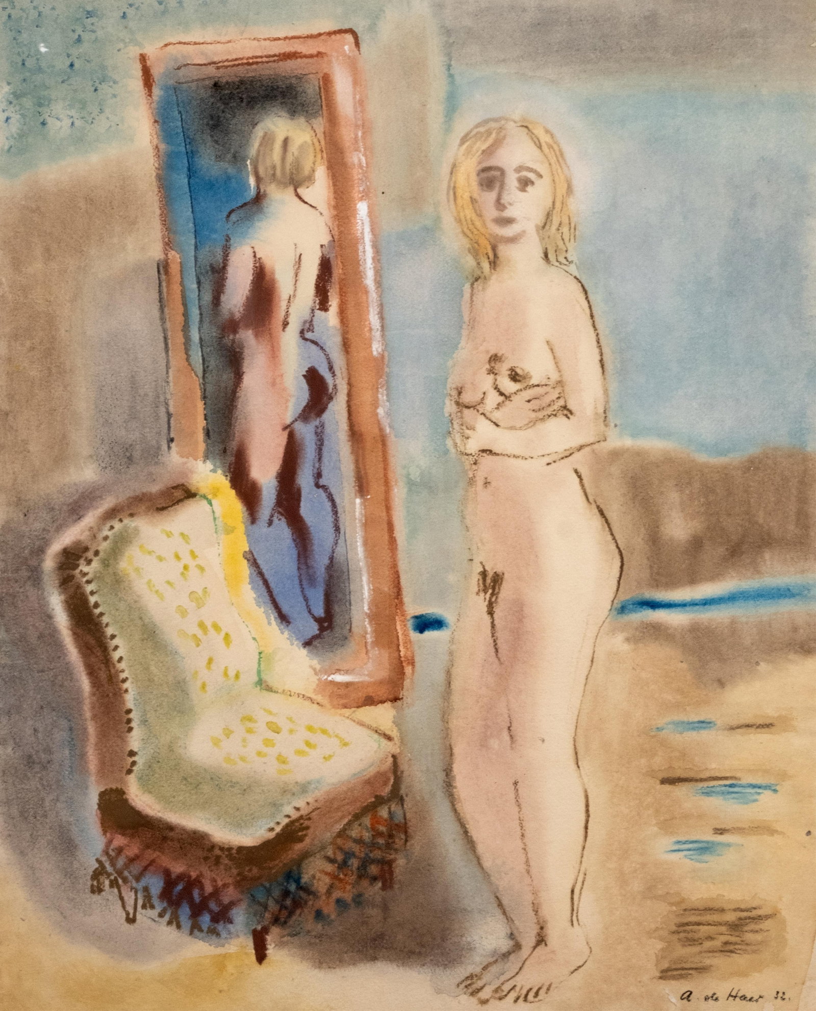 Adolf De Haer Signed Portrait Painting / Drawing on Paper: Keywords: NO RESERVE, 20th Century Art, Early 20th Century, Mid 20th Century, paper, nude, female nude, interior scene, signed, mirror, chair, figurative, modernist, European art, works on paper Summa