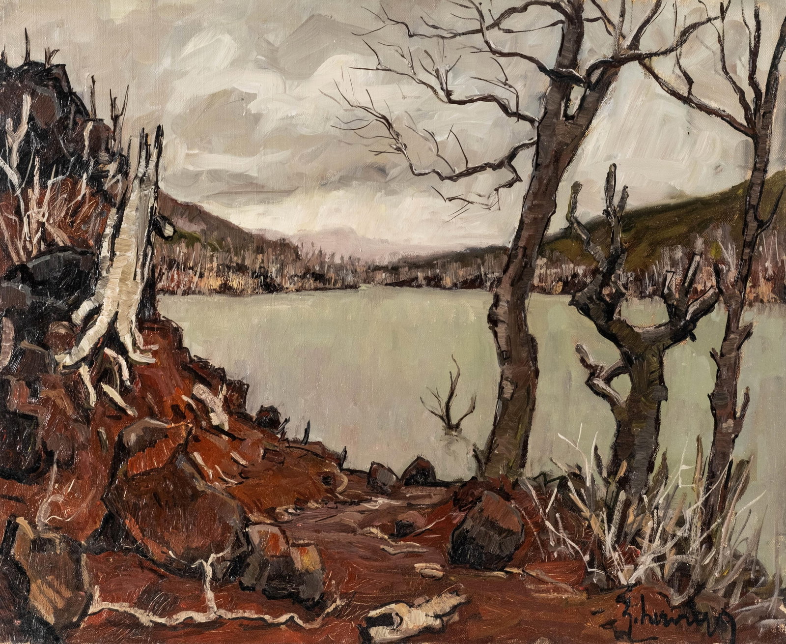 Gustave Hervigo *Waiting for the Rising Waters* Oil on Canvas Painting, Signed (1 of 12)