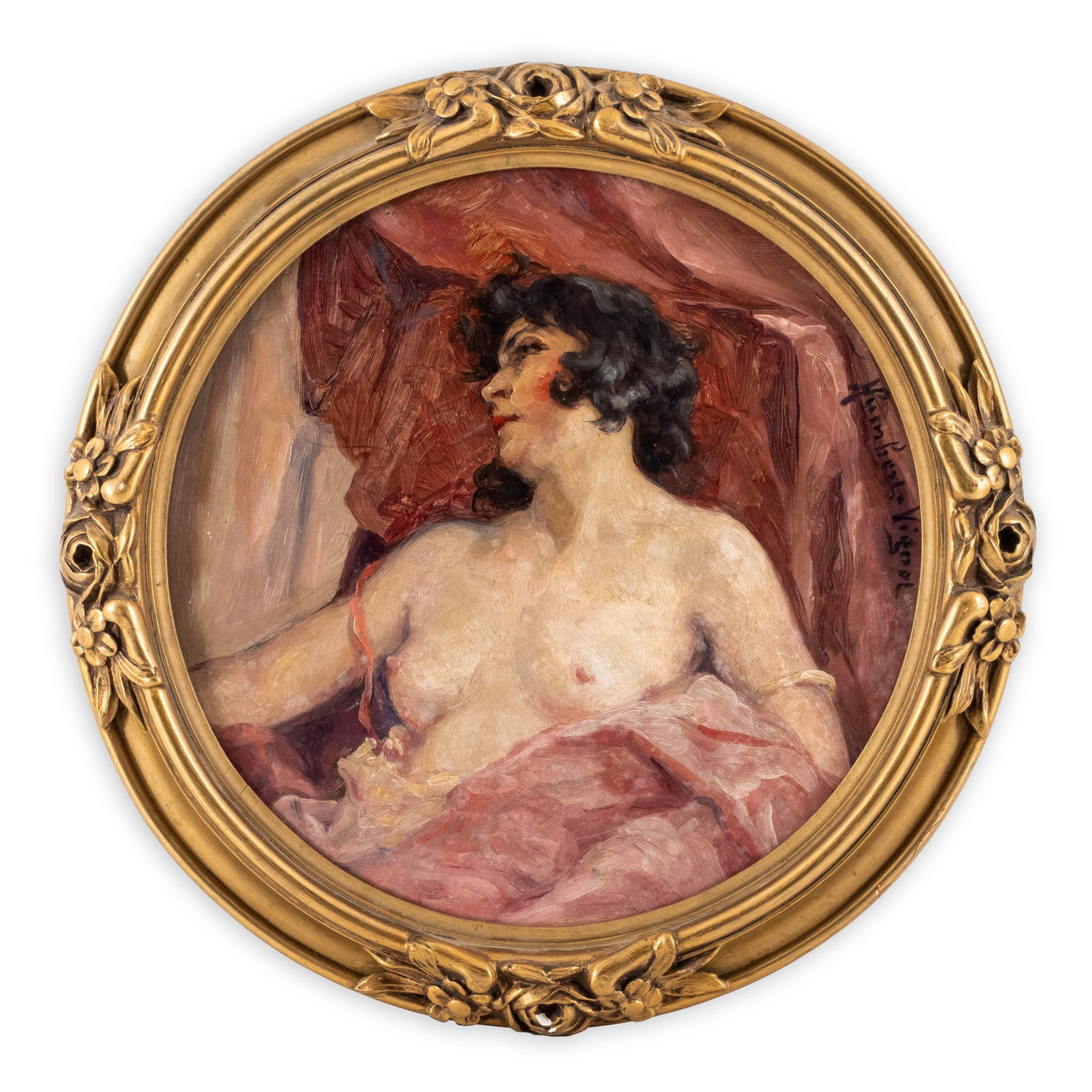Léonie Humbert-Vignot "Daydream" Oil Painting, Signed: Keywords: NO RESERVE, French Salon, Figurative Study, Interior Scene, Nude Study, Early 20th Century Artwork, Nude Female, Academy Summary: Léonie Humbert-Vignot (1878-1960) "Daydream" French Work oi
