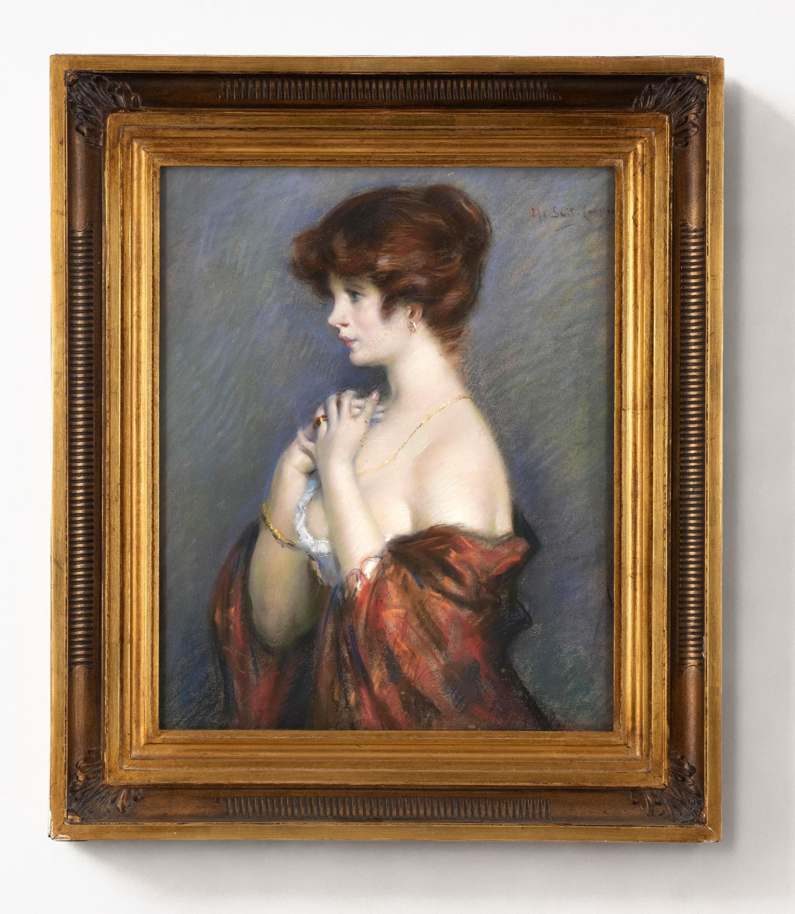 European Late 19th–Early 20th Century Pastel Painting, Art Nouveau Female Profile, Signed (1 of 8)