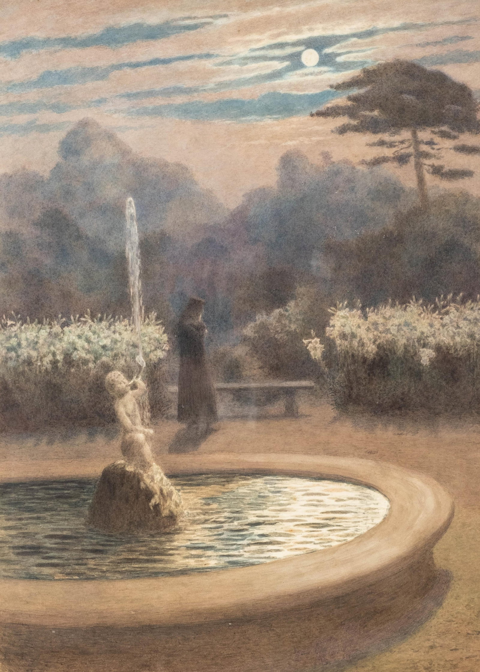 English School 20th Century Moonlit Fountain Scene Watercolor Painting (1 of 9)