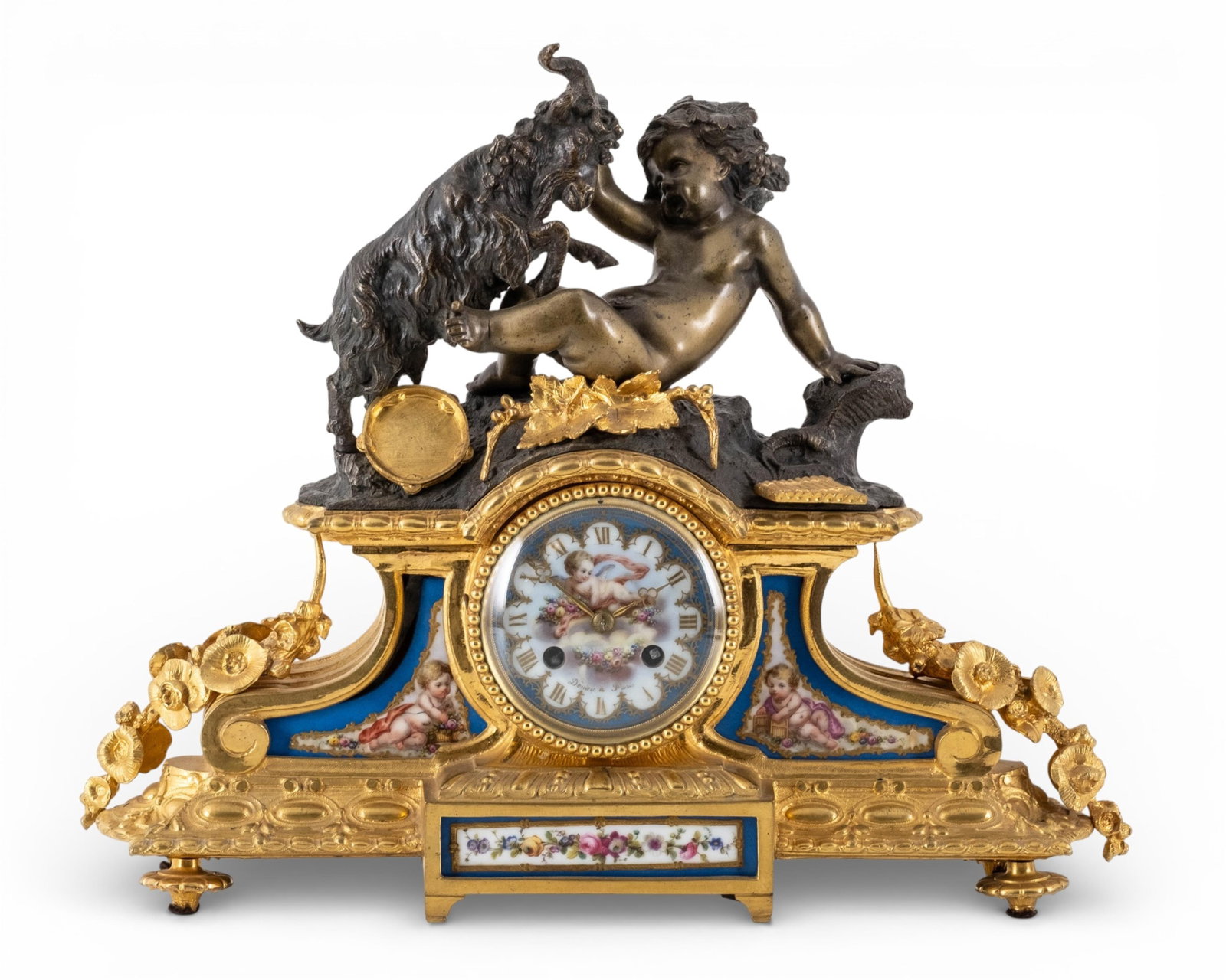 Sevres Bronze-Cased Clock With Hand-Painted Porcelain Insets and Bronze Sculpture, 19th Century: Keywords: NO RESERVE, Horology, French Empire Style, Romantic Movement, Mantel Clock, Table Clock, Louis XV Style, French Gilt Metal, Allegorical Scene, Putti Figures, Mythological Theme, Candelabras 