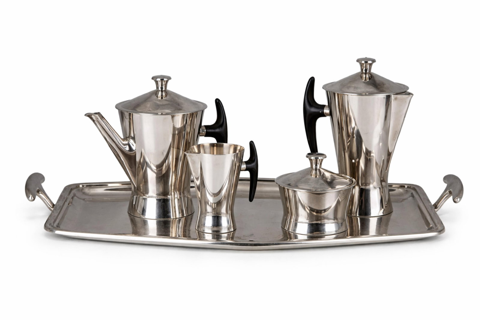 Art Deco Modernist Silver-Plated Tea and Coffee Set With Tray, Signed: Keywords: No reserve, Art Deco, Modernism, Machine Age Design, Streamline Moderne, Mid-Century Design, European Silversmith Tradition, Christofle style, Jean Puiforcat style, Georg Jensen style, silve