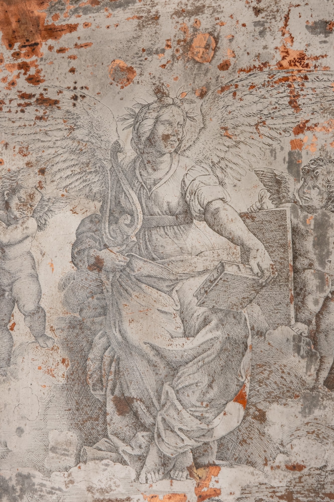 Edouard Baldus Signed Original Incised Engraved Copper Printmaking Plate “La Paix, 19th-C: Keywords: Raphaeel, Classic Revival, Rennaisance Artwork, Angels, Allegory of Peace, Winged Goddess, Engaving Plate, Art maker tools, Old masters Summary: The actual Baldus copper plate for making eng