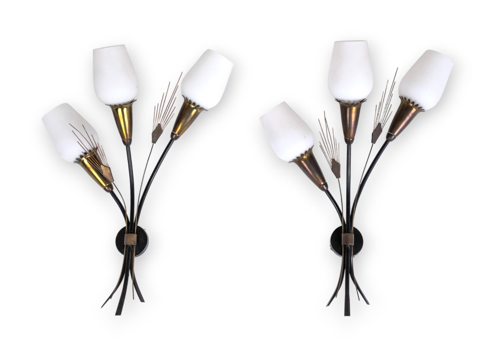 Italain Design Modern Wall Lighting Brass and Milk Glass Sconces: Keywords: Mid-Century Modern, Brass Sconces, Milk Glass Shades, Wall Lighting, Tulip Shades, 1960s Design, Vintage Lighting, Home Decor, Retro Style Summary: Pair of Mid-Century Italian modern sconces