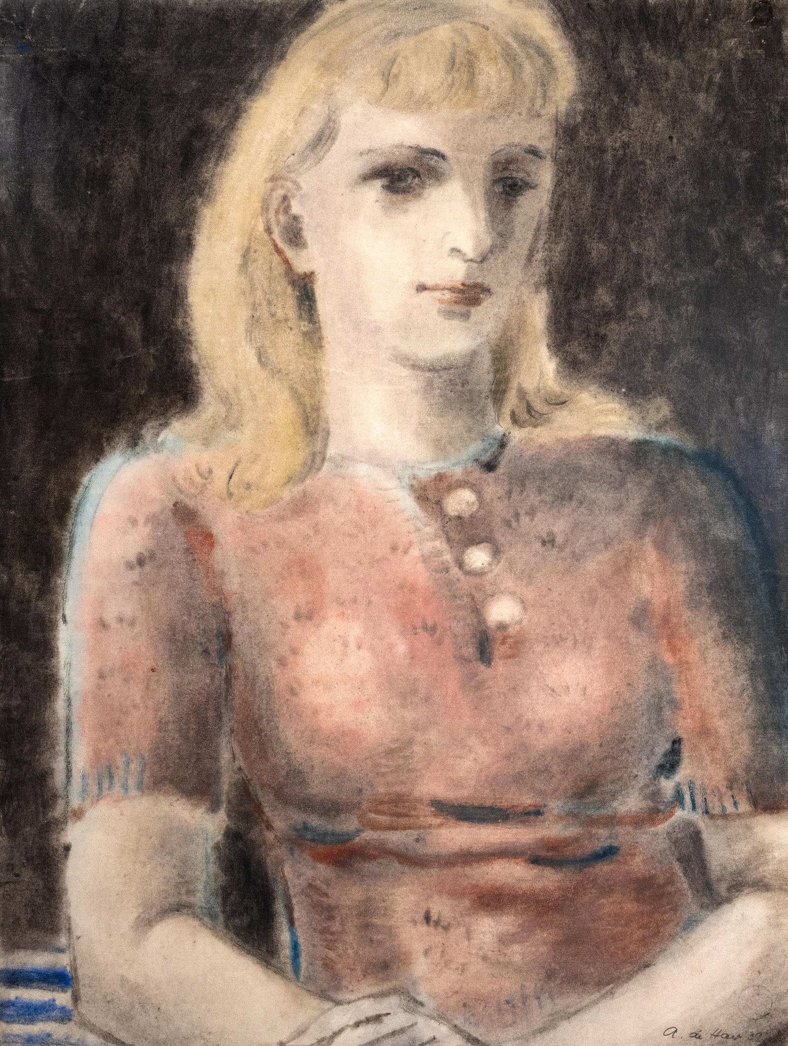 Adolf De Haer Signed Portrait Painting / Drawing on Paper, 1939: Keywords: NO RESERVE, 20th Century Art, Early 20th Century, Mid 20th Century, portrait, signed, woman, female sitter, seated figure, European art Summary: Adolf de Haer signed mixed media painting on 