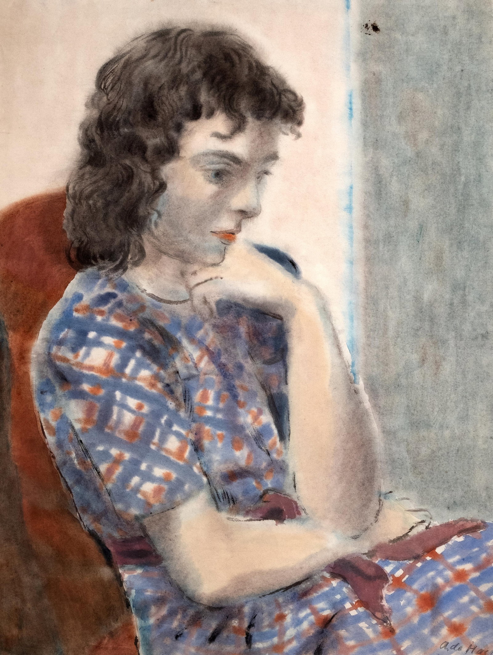 Adolf De Haer Signed Portrait Painting / Drawing on Paper, Circa 1930's-40's: Keywords: NO RESERVE, 20th Century Art, Early 20th Century, Mid 20th Century, portrait, signed, woman, female sitter, seated figure, European art Summary: Adolf de Haer signed mixed media painting on 