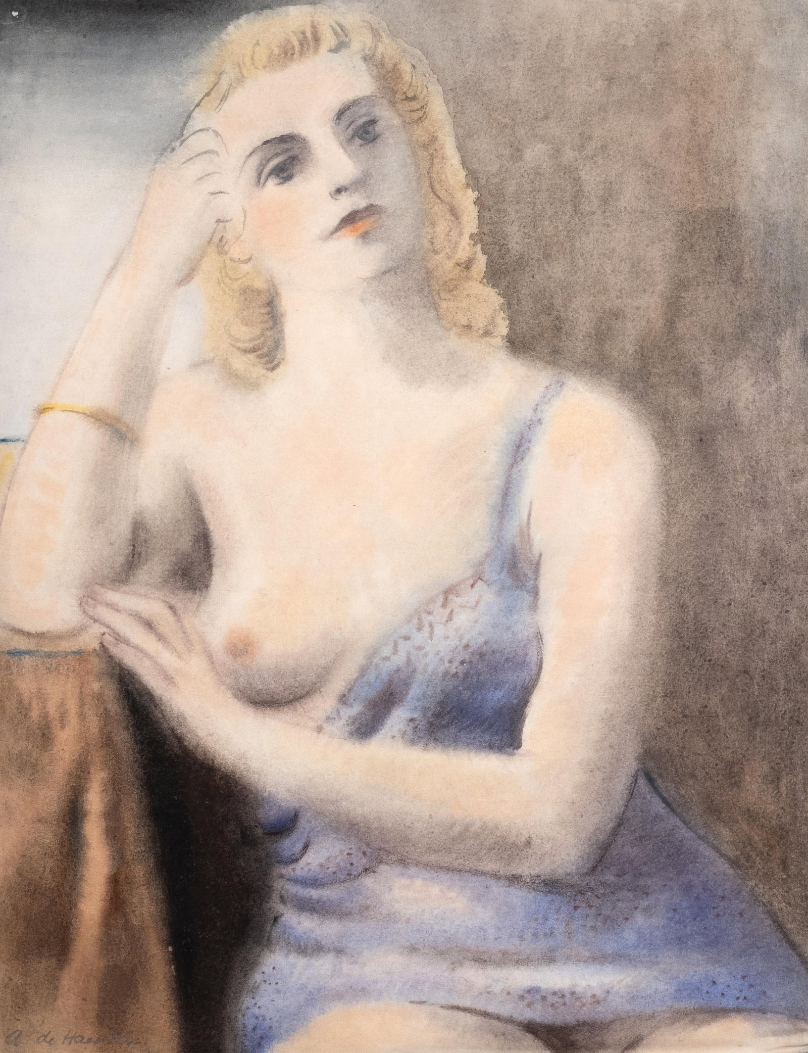 Adolf De Haer Signed Portrait Painting / Drawing on Paper, 1942: Keywords: NO RESERVE, 20th Century Art, Early 20th Century, Mid 20th Century, portrait, signed, woman, female sitter, seated figure, European art Summary: Adolf de Haer signed mixed media painting on 