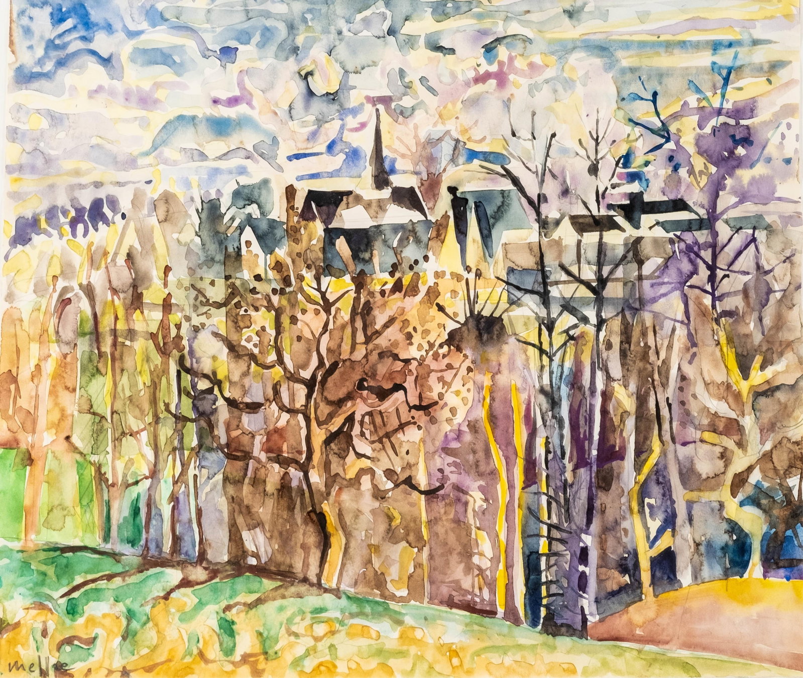 Armand Meffre Signed Village In The Woods Watercolor Painting (1 of 9)
