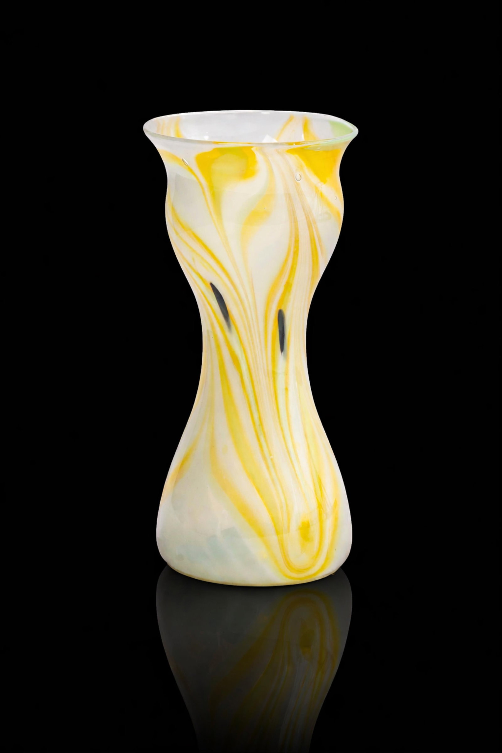 Signed Tiffany Style Studio Art Glass Yellow–White Swirl Vase, Mid 20th Century (1 of 5)