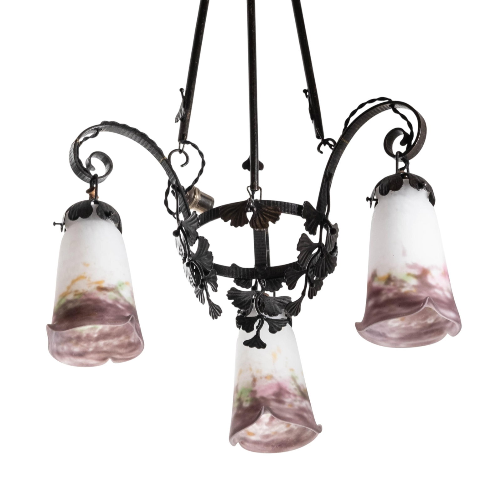 Muller Freres Art Nouveau Bronze Chandelier with Three Marbled Glass Tulip Shades, Early 20th (1 of 7)