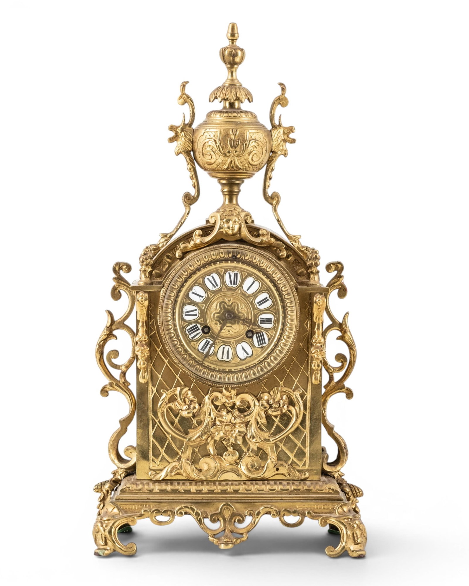 19th Century French Napoleon III Gilt Bronze Mantel Clock: Keywords: NO RESERVE, Napoleon III, French Clock, Mantel Clock, Gilt Bronze, Ormolu, Rococo Revival, Roman Numerals, Enamel Cartouches, Foliate Scrollwork, Figural Mask, Decorative Urn, Key Wind, Anti