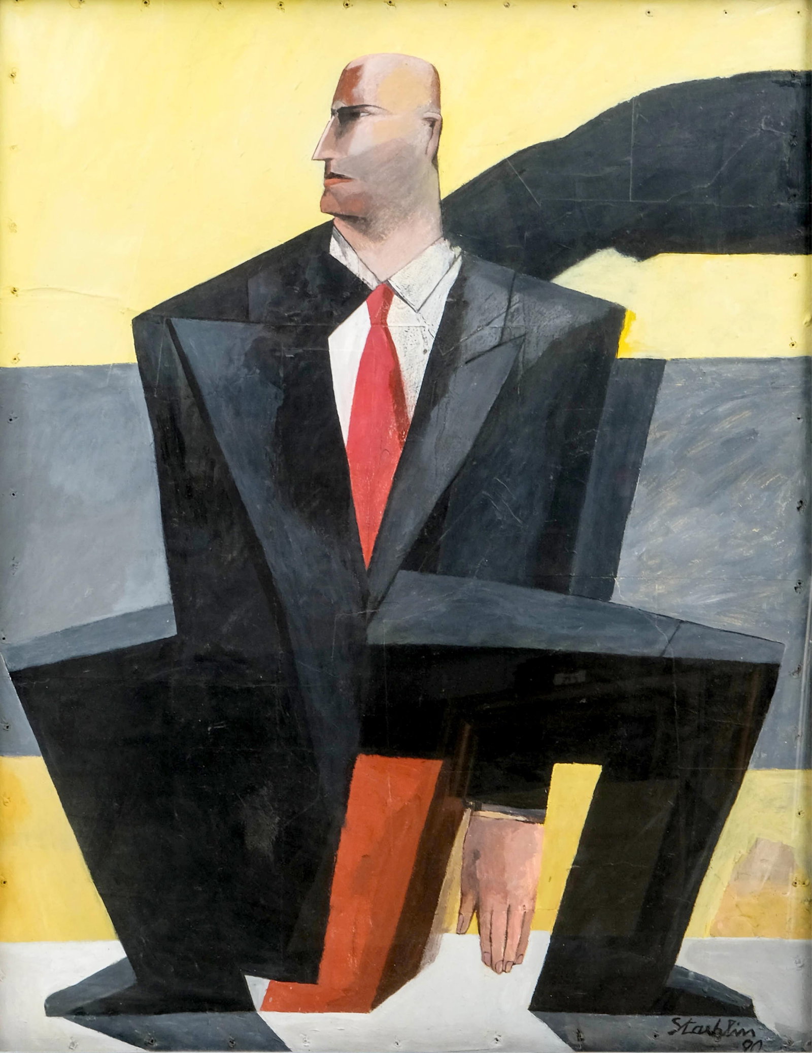 Alain Staehlin (b. 1948), Seated Man, Signed Painting on Paper Mounted on Canvas, 1991: Keywords: Swiss Art, Contemporary Figurative, Modernism, Geometric Abstraction, 20th Century Art, Postmodern, Expressionist Style, Male Portrait, Cubism Summary: Alain Staehlin (b. 1948), Seated Man, 